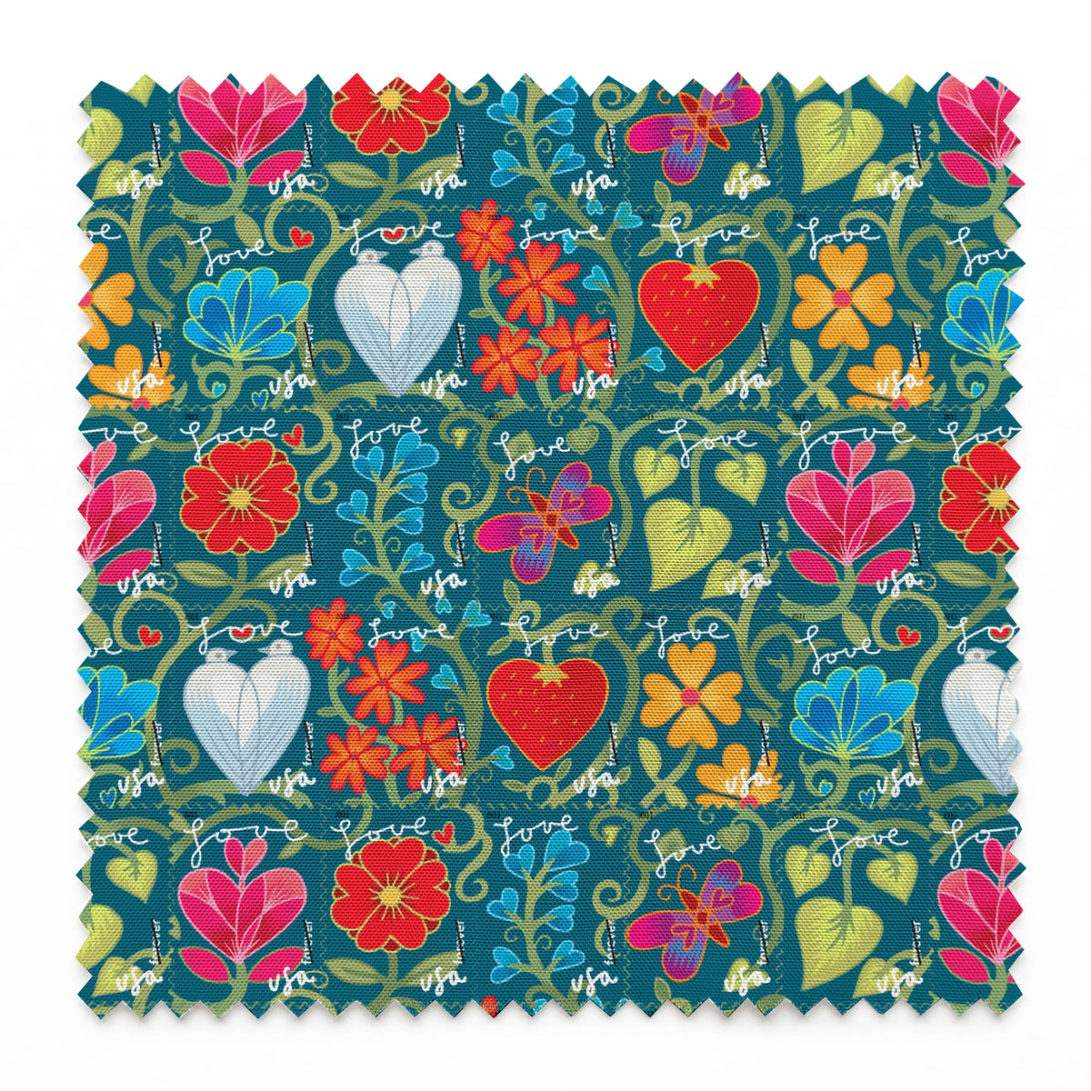 USPS Love Floral Stamps on Teal Fabric