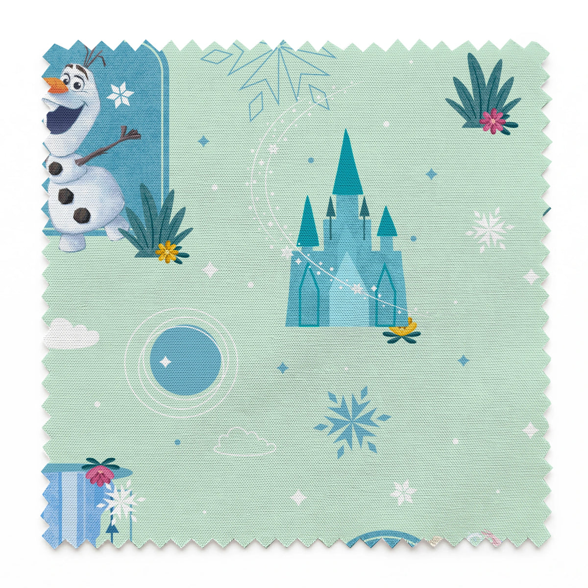 Disney Frozen Falling Snow on Green Fabric