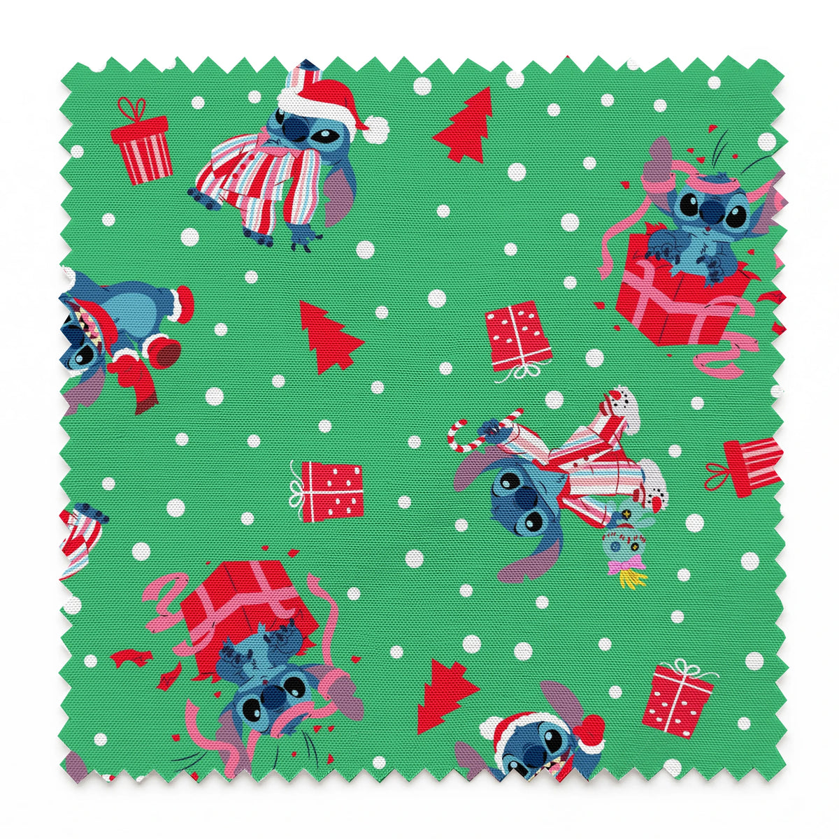 Christmas pattern with Stitch wearing Santa hats, surrounded by gifts and trees on green polka dot background.