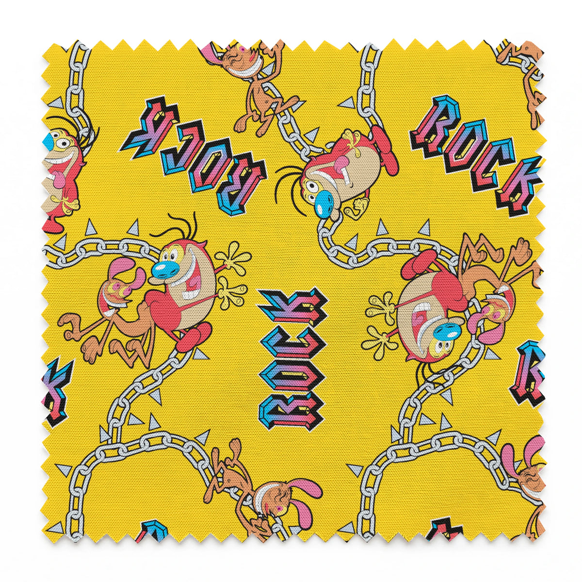 Ren & Stimpy Chained to Rock on Yellow Fabric