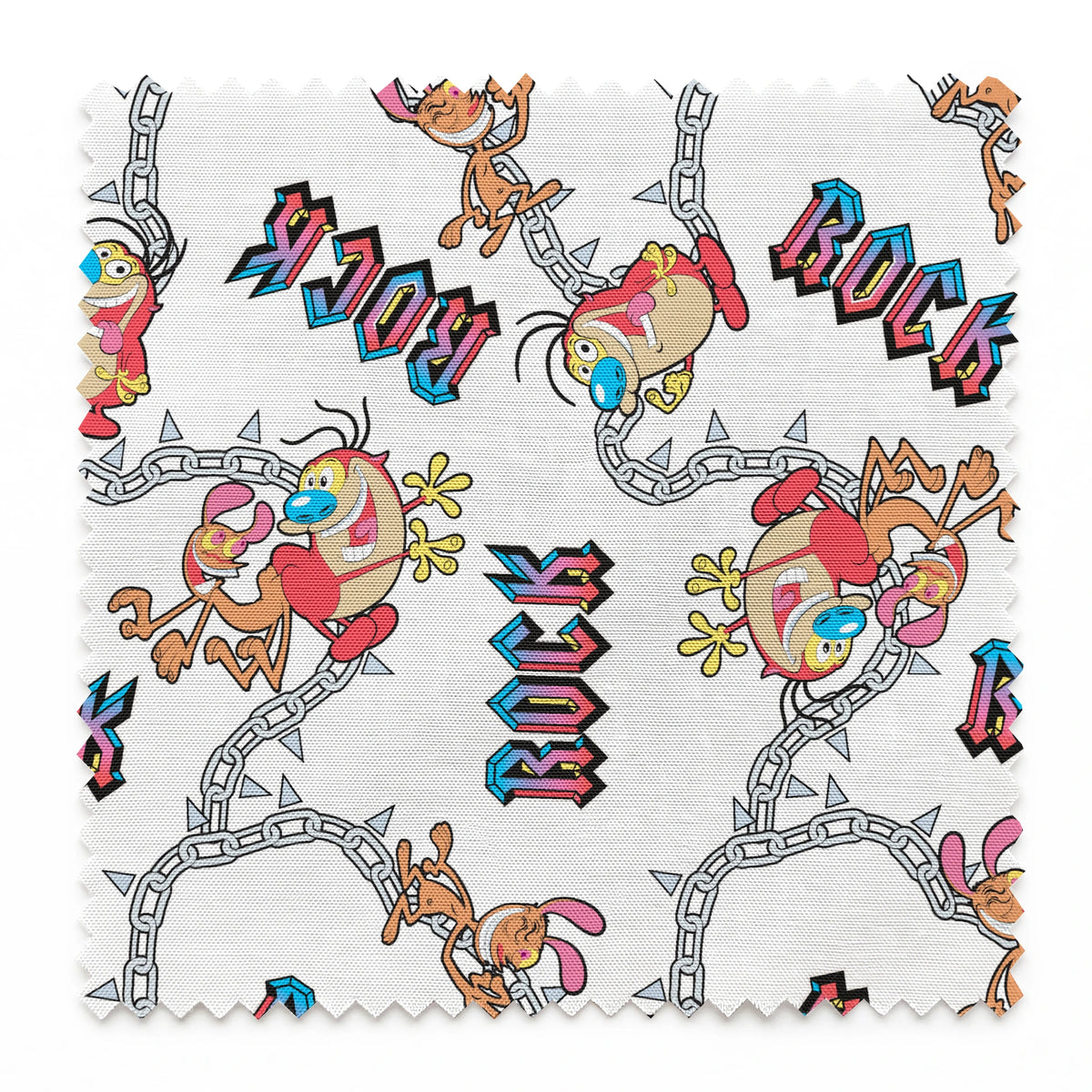 Ren & Stimpy Chained to Rock on White Fabric