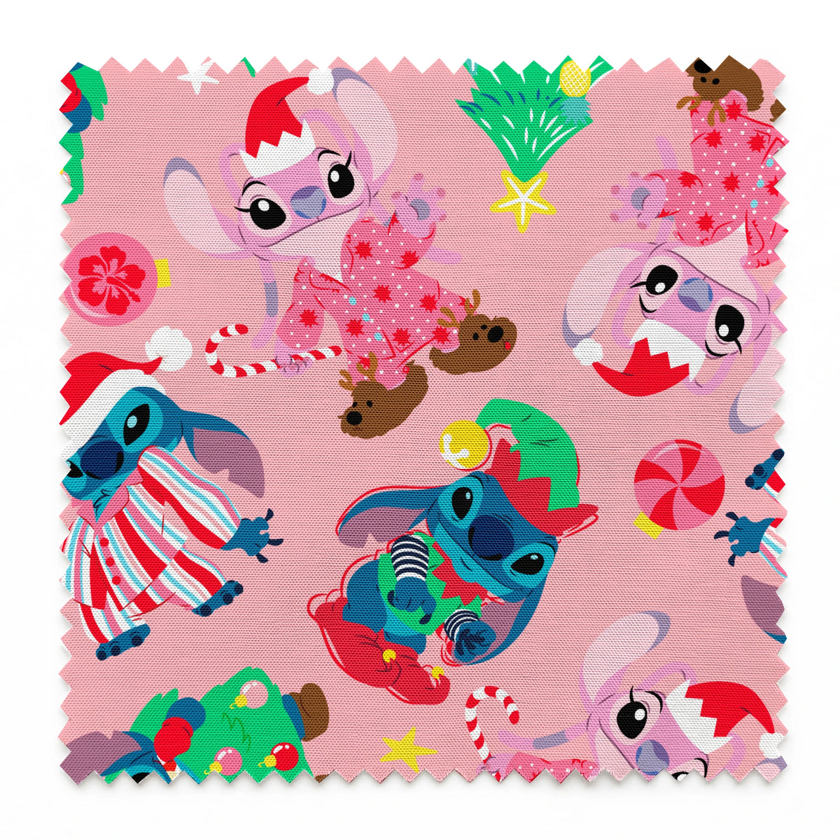 Disney's Stitch in Christmas outfits with trees and decorations on pink background