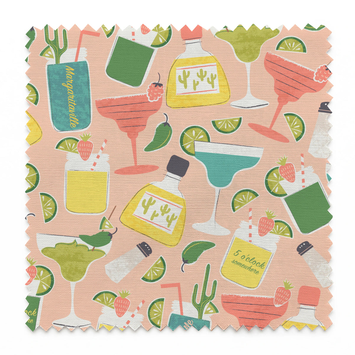 Colorful Margaritaville cocktail pattern with margaritas, tequila bottles, lime slices, and salt shakers on pink background