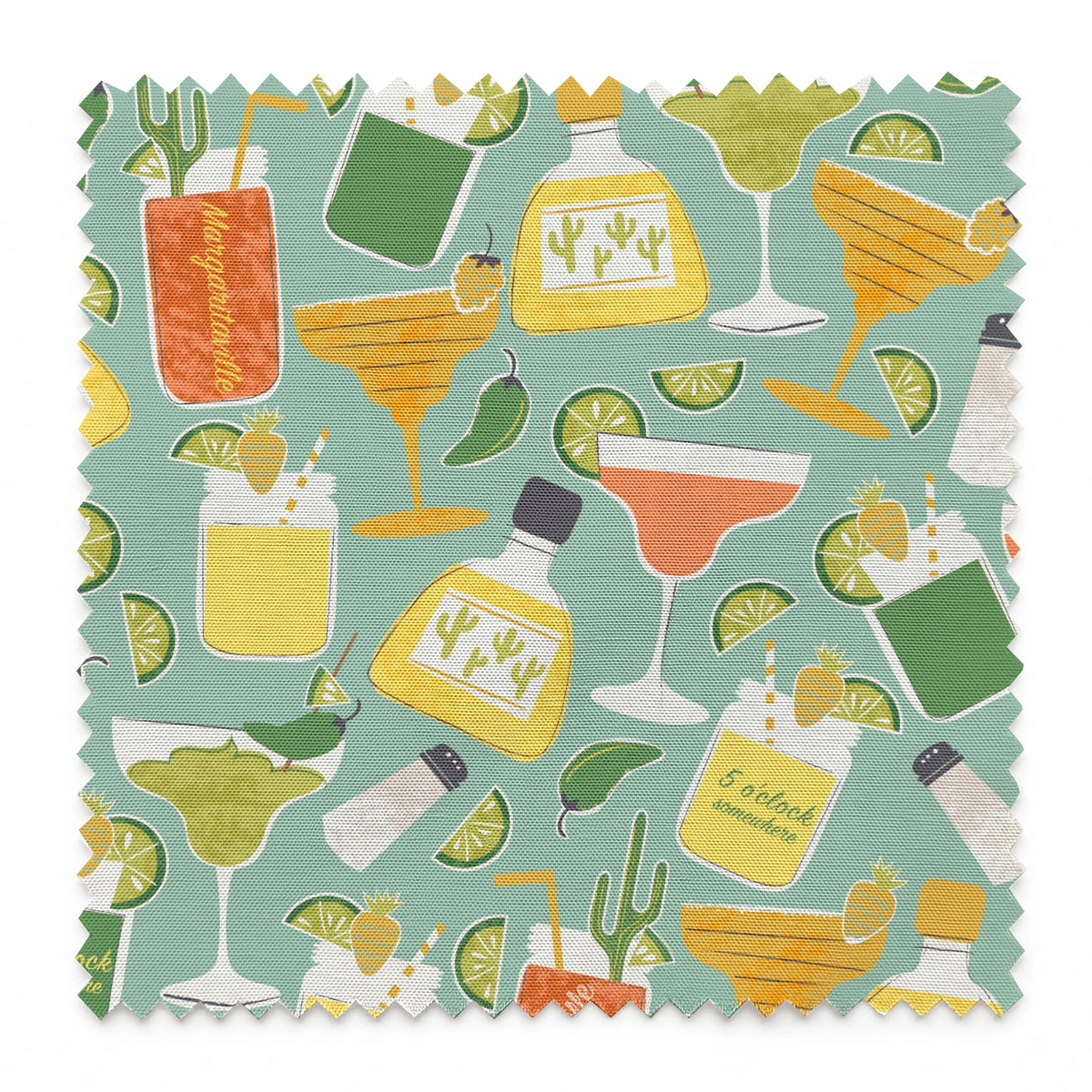 Colorful Margaritaville cocktail pattern with drinks, bottles, glasses, and lime slices on teal background