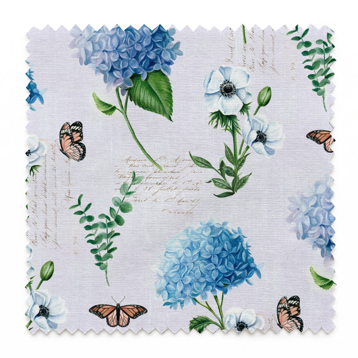 Danielle Murray Hydrangeas and Hummingbirds on Purple Fabric