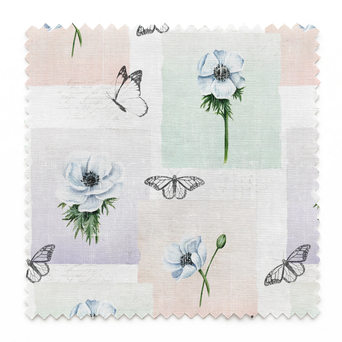Danielle Murray White Anemones and Butterflies on Pastel Frames Fabric
