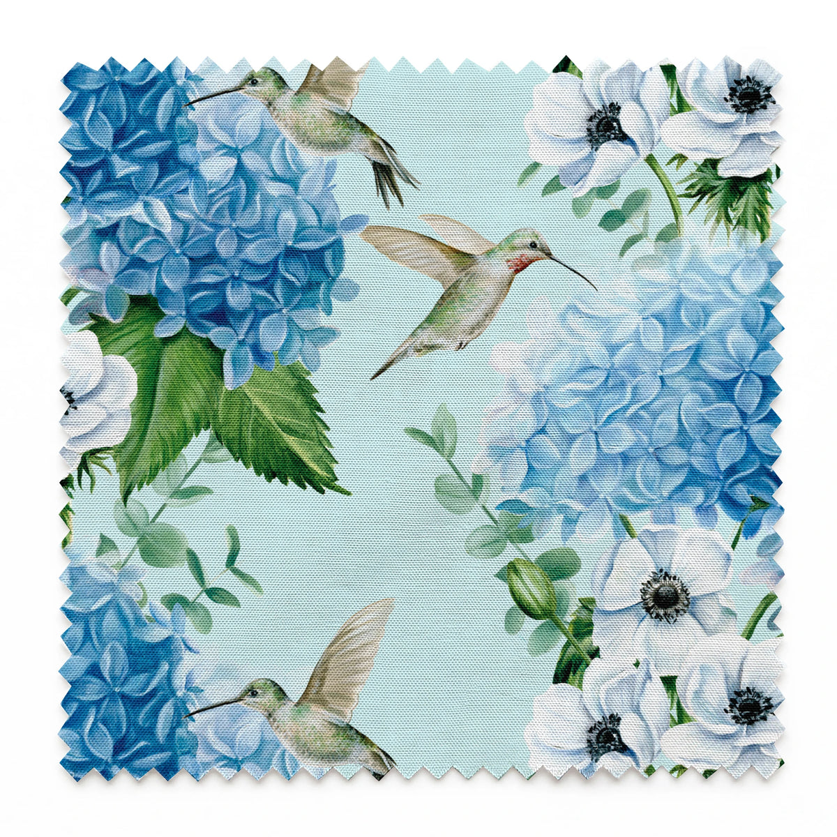 Danielle Murray Hydrangeas and Hummingbirds on Blue Fabric