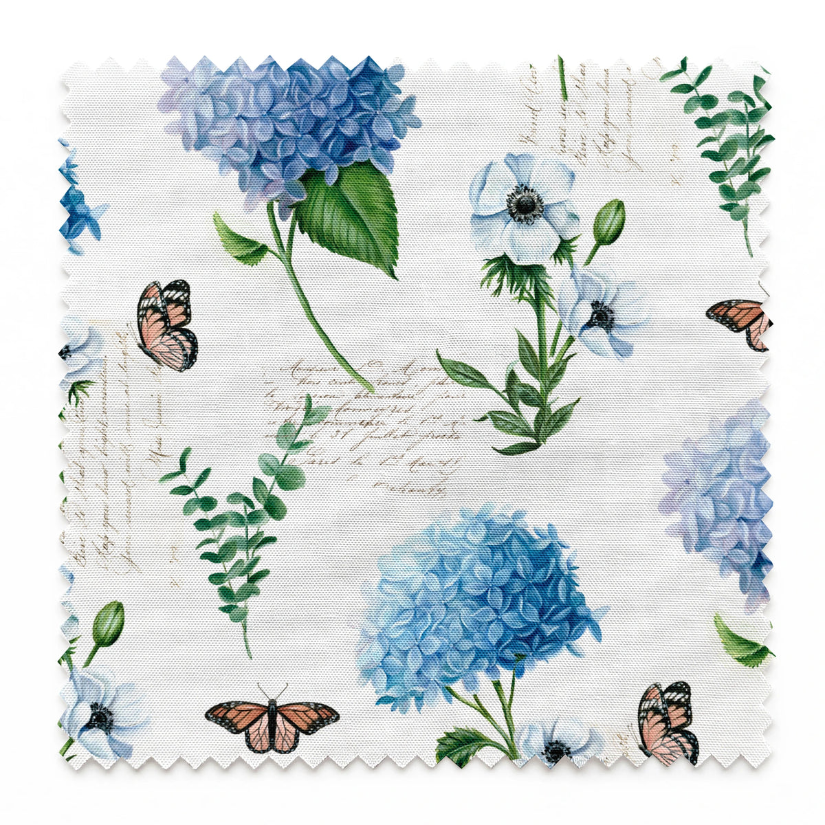 Danielle Murray Blue Florals and Butterflies on White Fabric