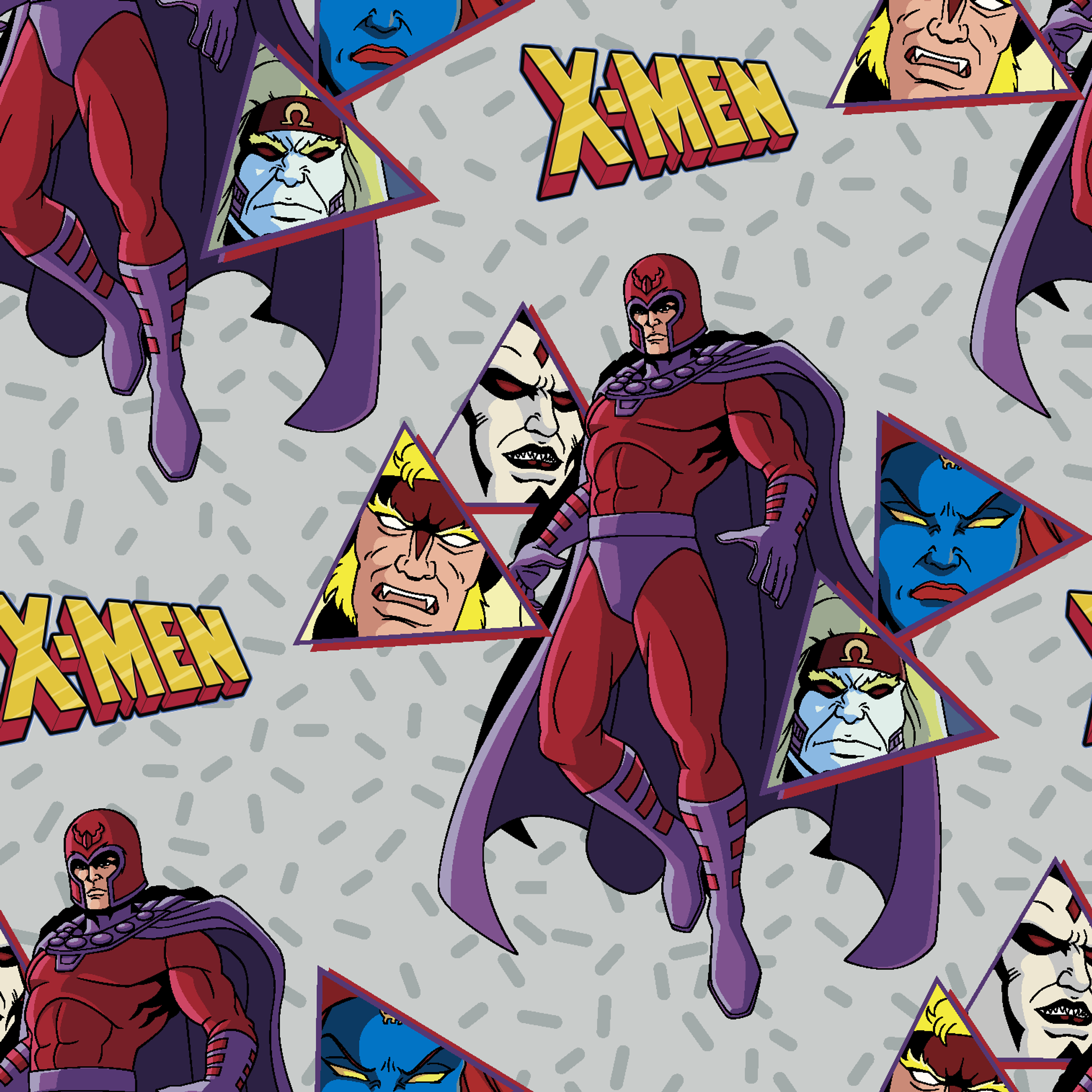 X-Men comic pattern with Magneto in purple and red costume against gray background with character portraits tiled preview square