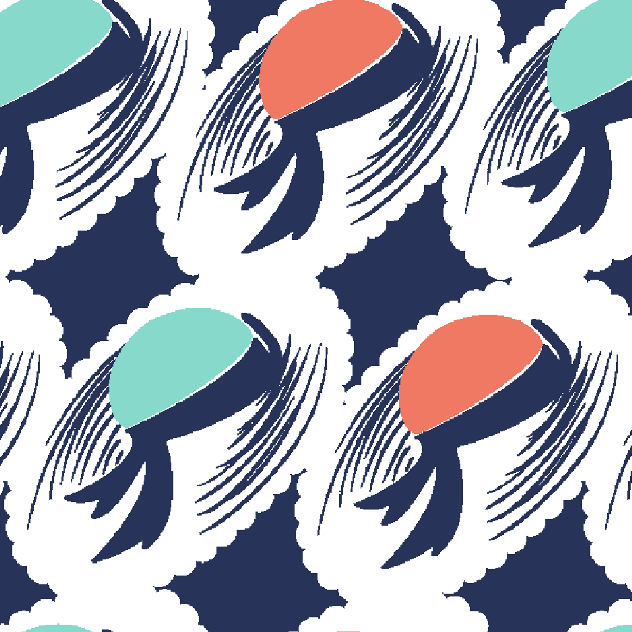 Abstract pattern with repeating mint green and coral circular shapes on navy background with white brushstroke details tiled preview square