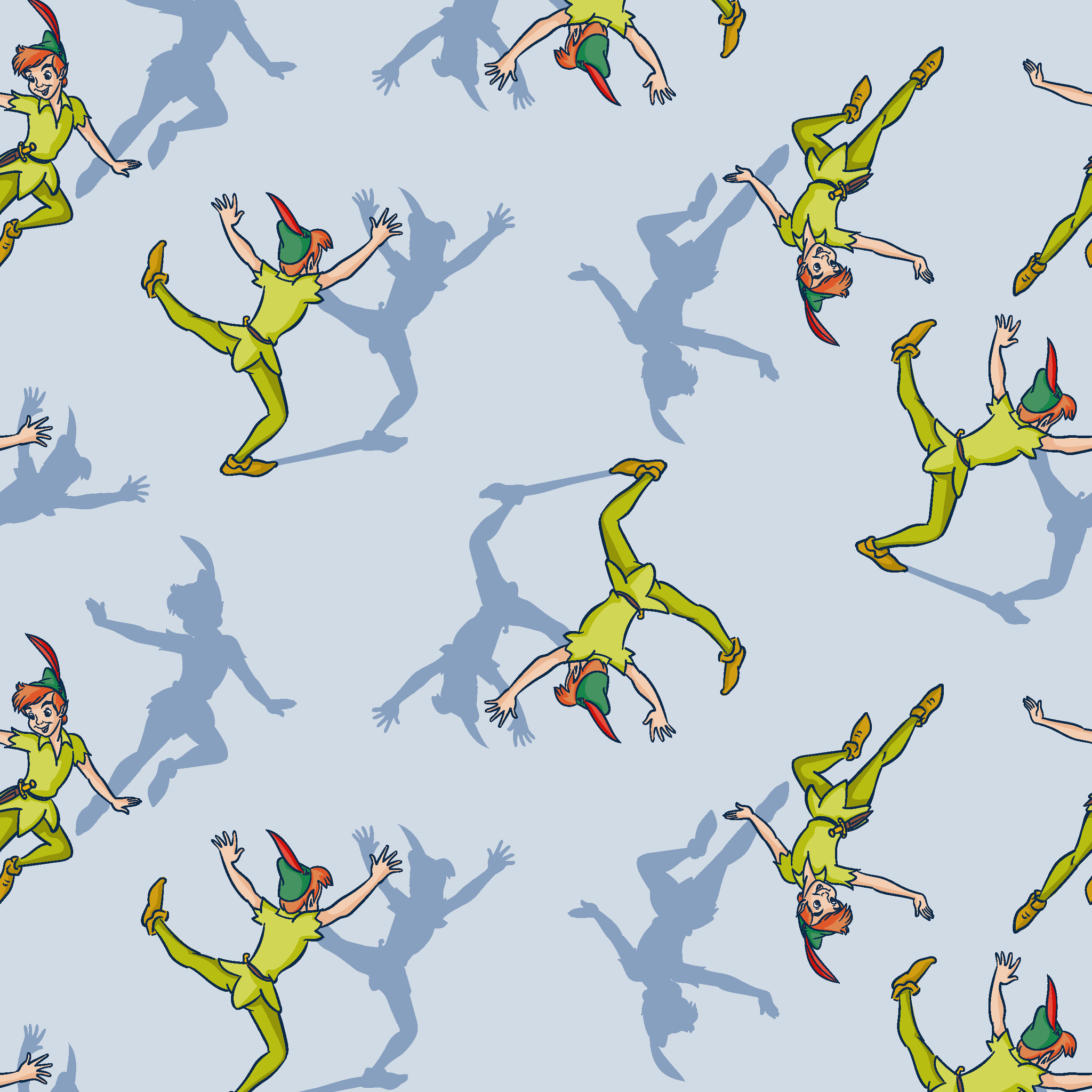 Colorful cartoon figures in bright green outfits with red accents dancing against a light blue background with shadows tiled preview square