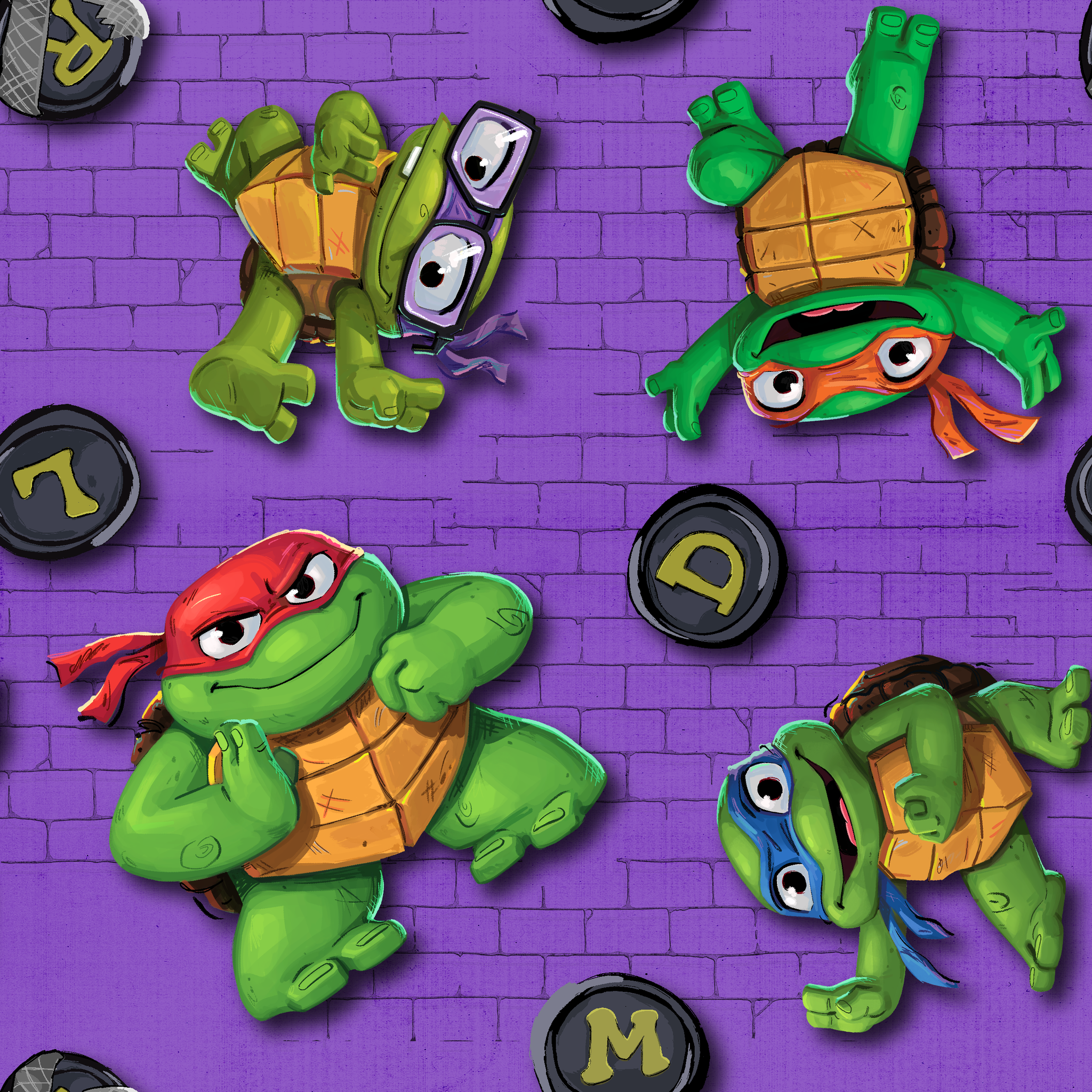 Teenage Mutant Ninja Turtles characters on a purple brick background with lettered manhole covers. tiled preview square