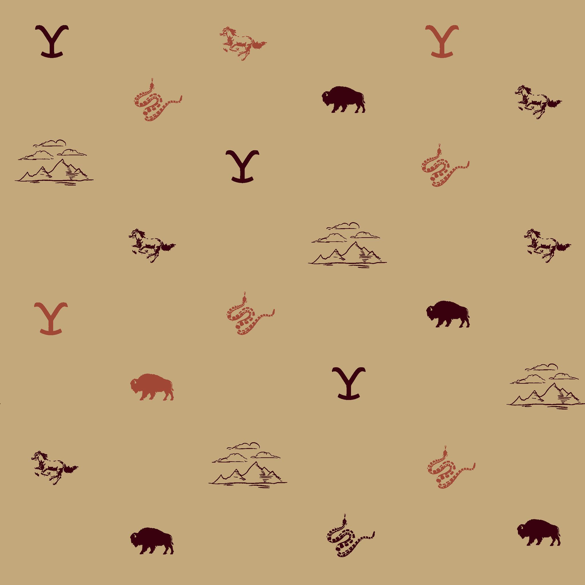 Yellowstone ranch icons with “Y” brand, bison, horses, mountains, and snakes in a Western-inspired design. tiled preview square