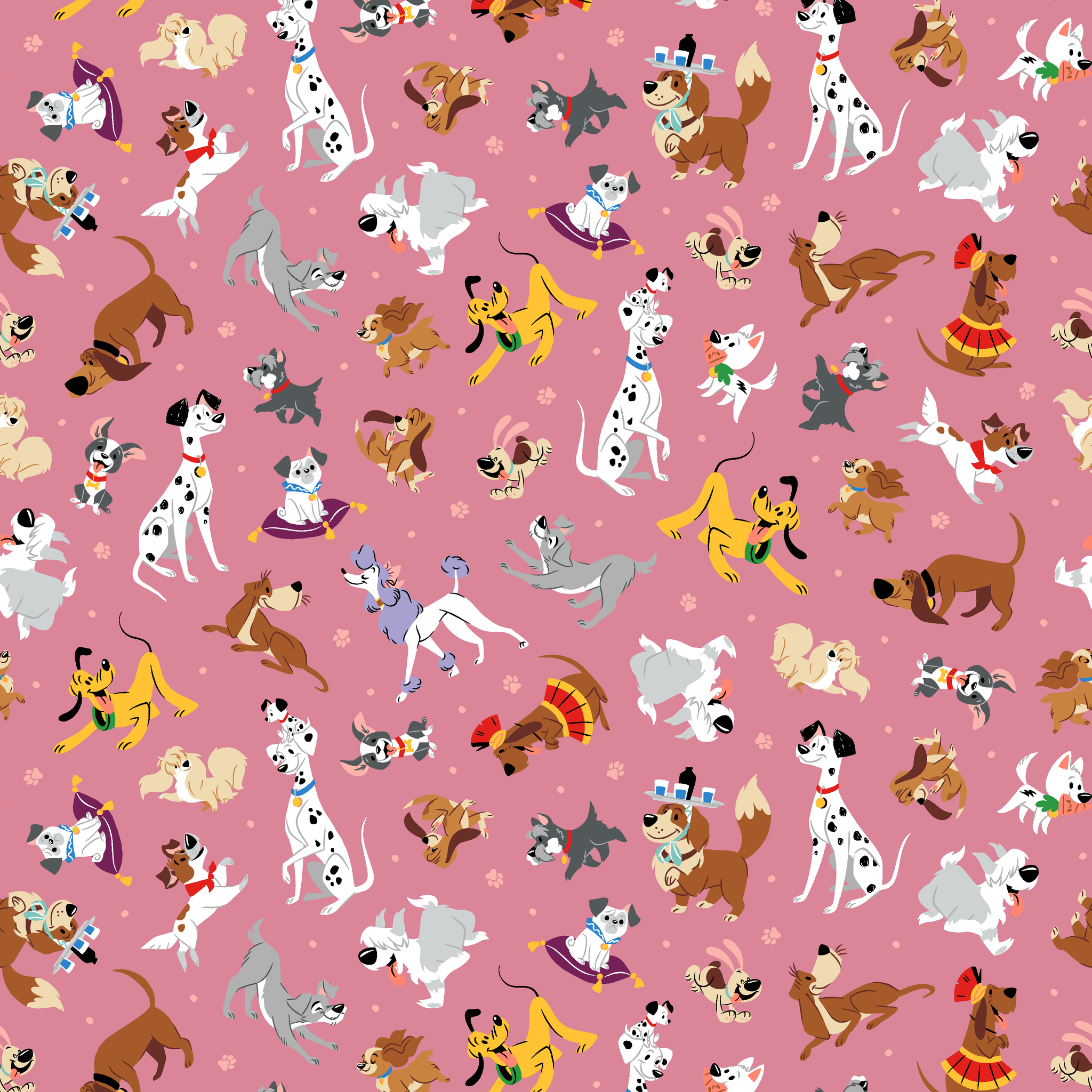 Colorful dog pattern with various cartoon breeds on pink background including dalmatians, terriers, and dachshunds tiled preview square