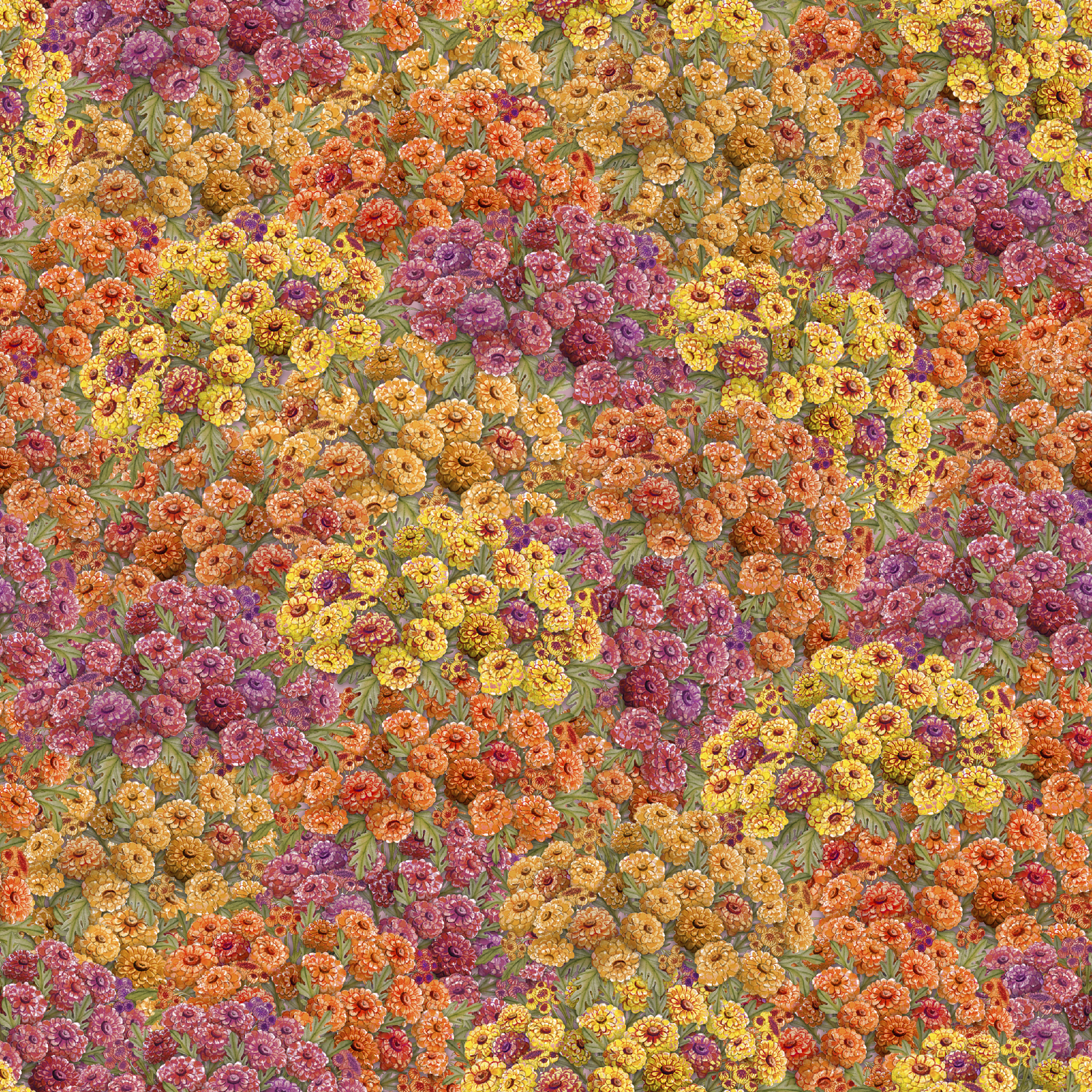 Dense floral fabric featuring orange, gold, pink, and plum zinnias in a packed all-over pattern by Nicole Tamarin. tiled preview square