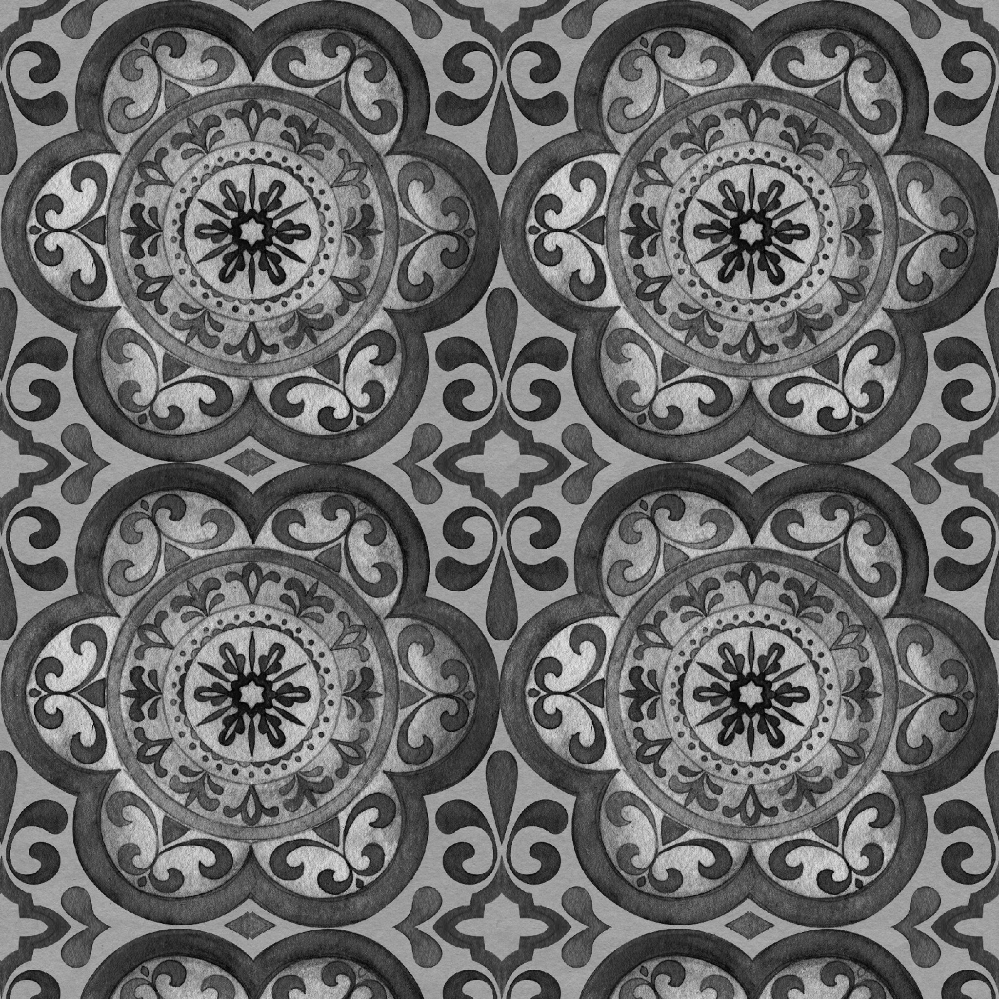 Grayscale medallion tile pattern with floral and scroll motifs in a symmetrical layout by Nicole Tamarin. tiled preview square