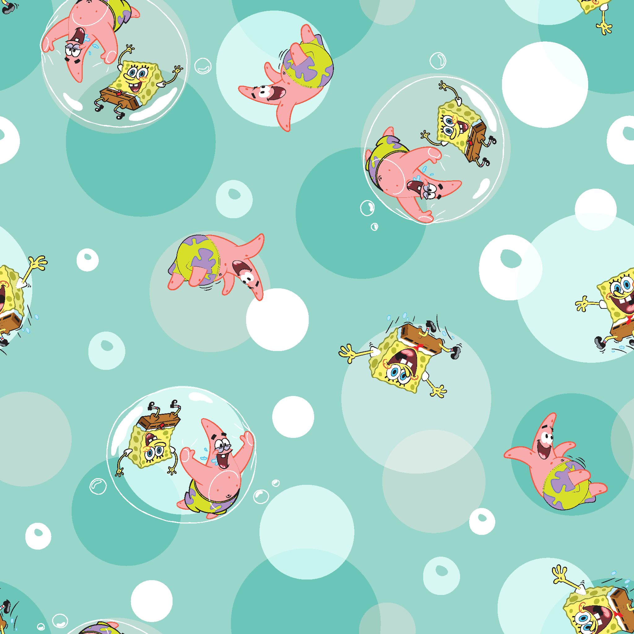 SpongeBob and Patrick floating in transparent bubbles across a seafoam green background with layered circle accents. tiled preview square