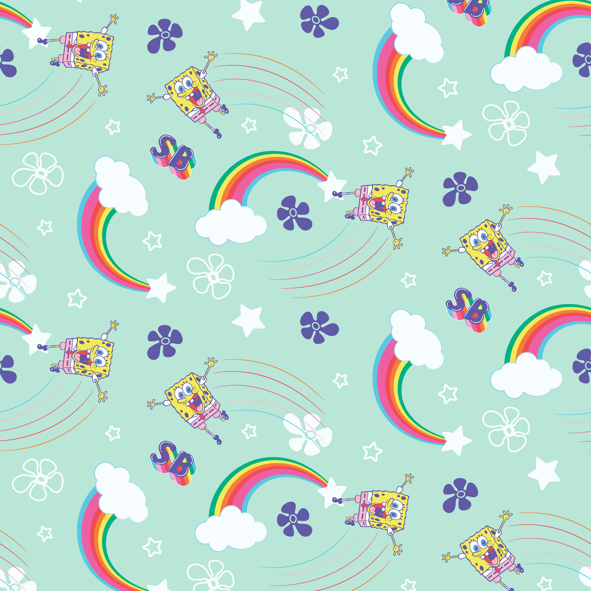 SpongeBob flying over rainbows with clouds, stars, and floral icons on a mint green background in a cheerful cartoon-style Nickelodeon design tiled preview square