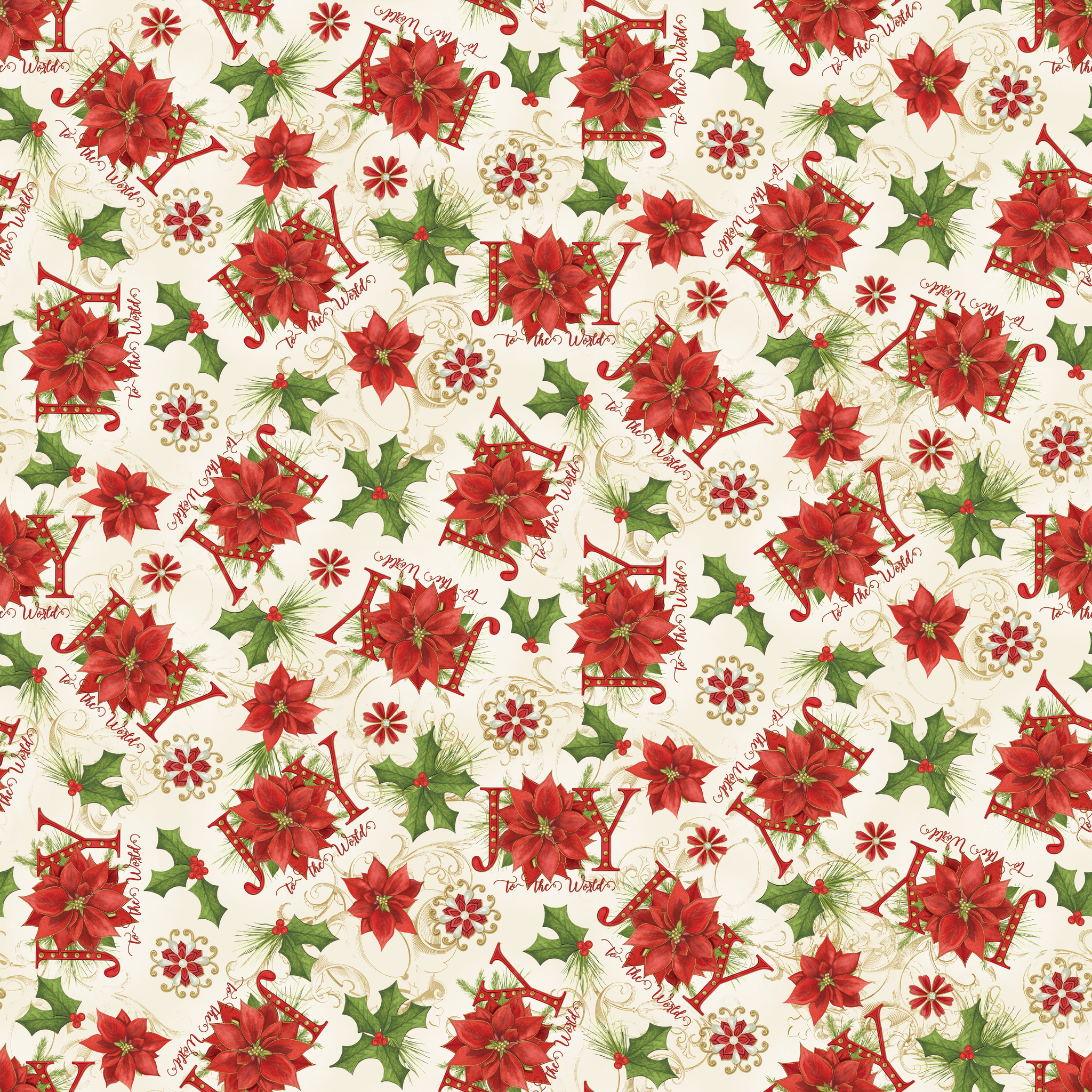 Red poinsettias, holly leaves, pine sprigs, and peppermint candy motifs with scattered “Joy” text in a festive holiday toss design by Nicole Tamarin. tiled preview square