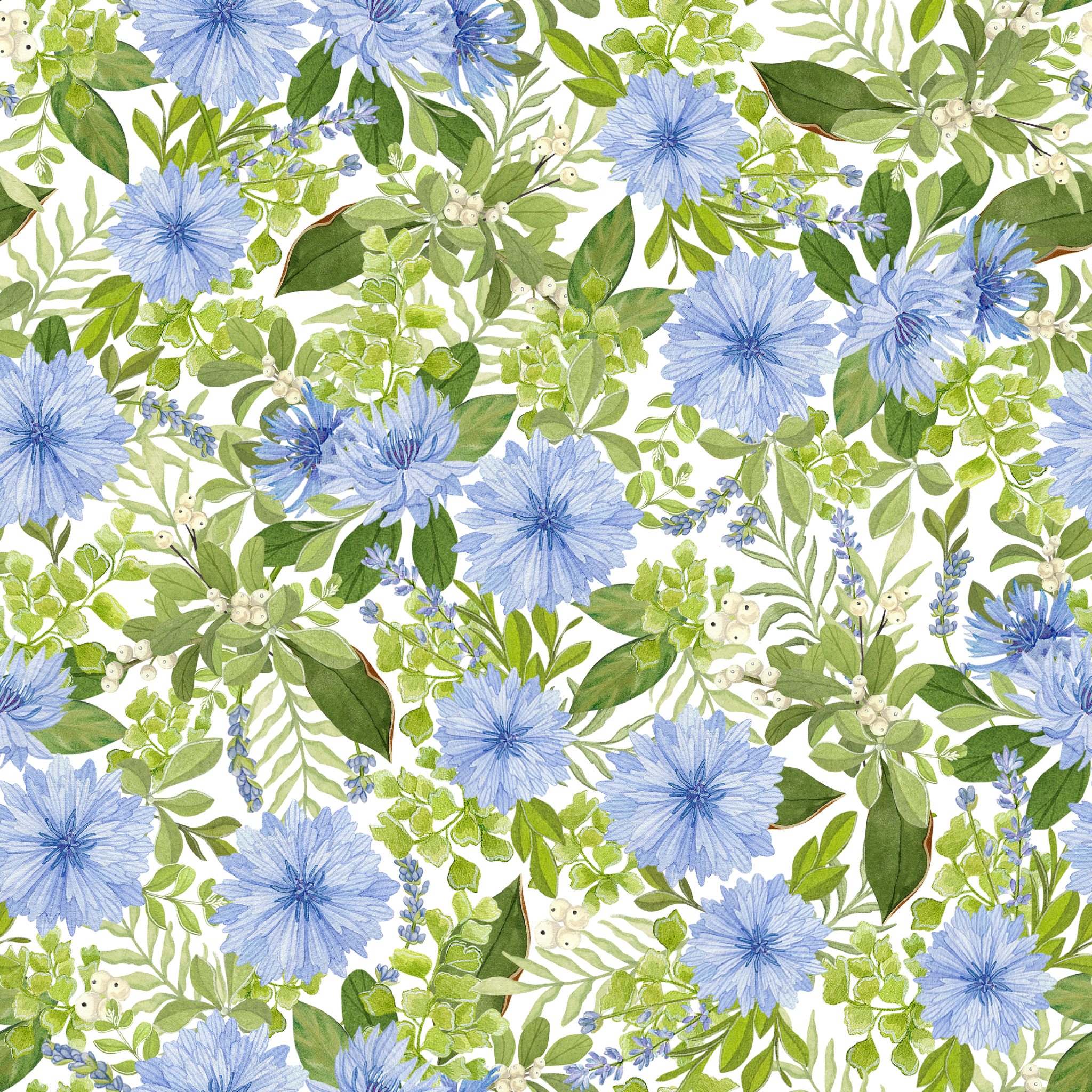 Watercolor-style botanical fabric pattern featuring blue wildflowers and soft green foliage on a white background. Designed by Nicole Tamarin. tiled preview square