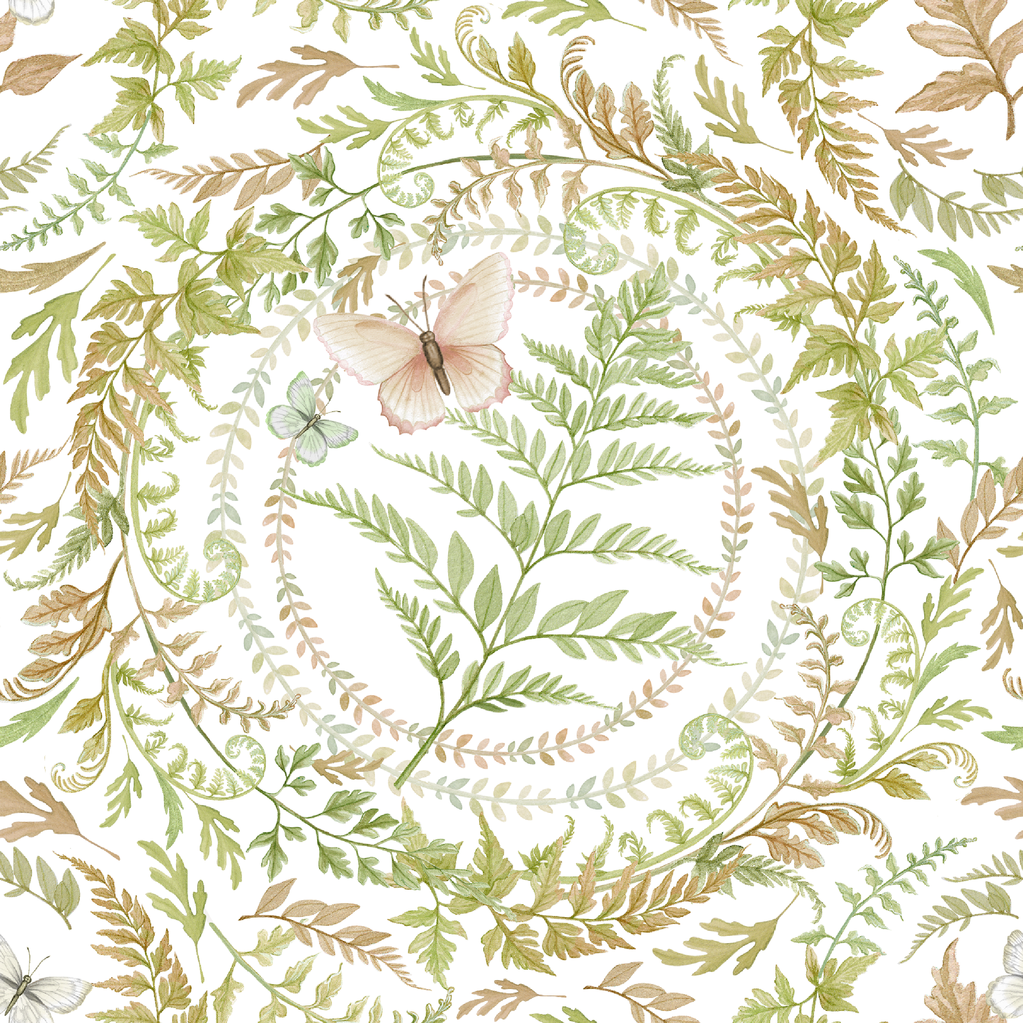 Circular botanical design featuring green ferns and blush butterflies on a white background in a Nicole Tamarin pattern. tiled preview square