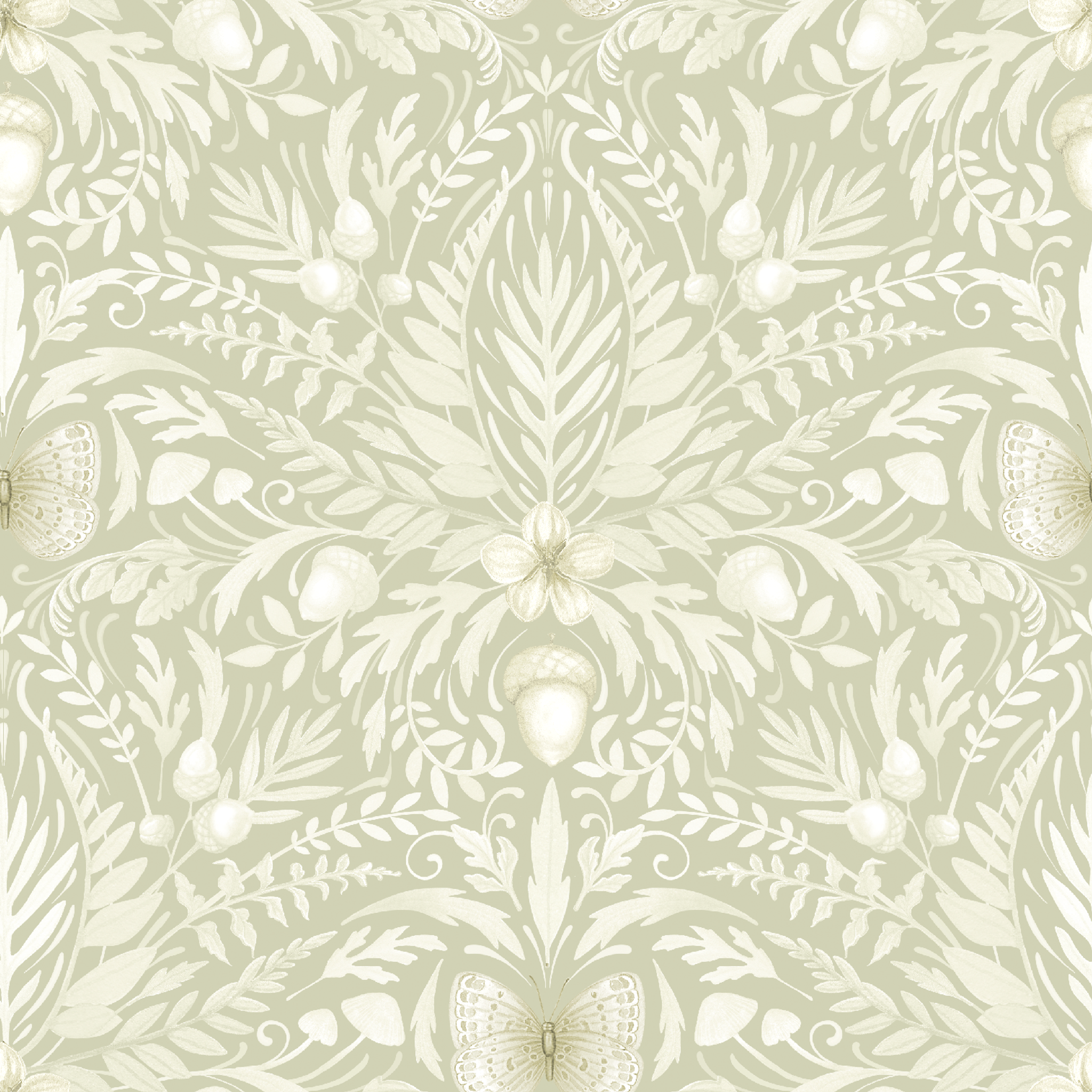 Sage and cream damask-style pattern featuring symmetrical acorns, oak leaves, and botanical motifs in a tonal palette by Nicole Tamarin. tiled preview square