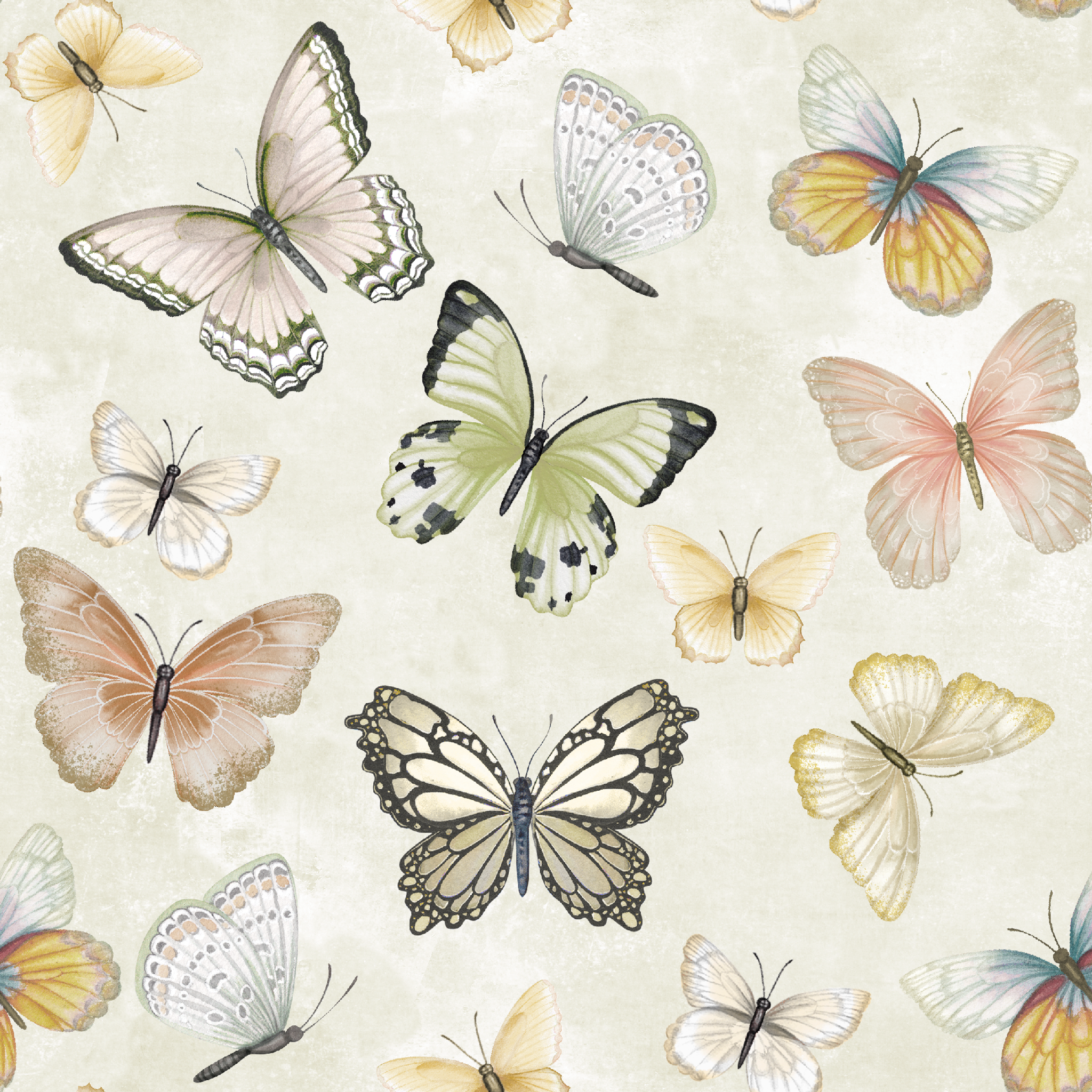 Hand-illustrated pastel butterflies in pink, blue, yellow, and sage on a cream background in a botanical-style Nicole Tamarin design. tiled preview square