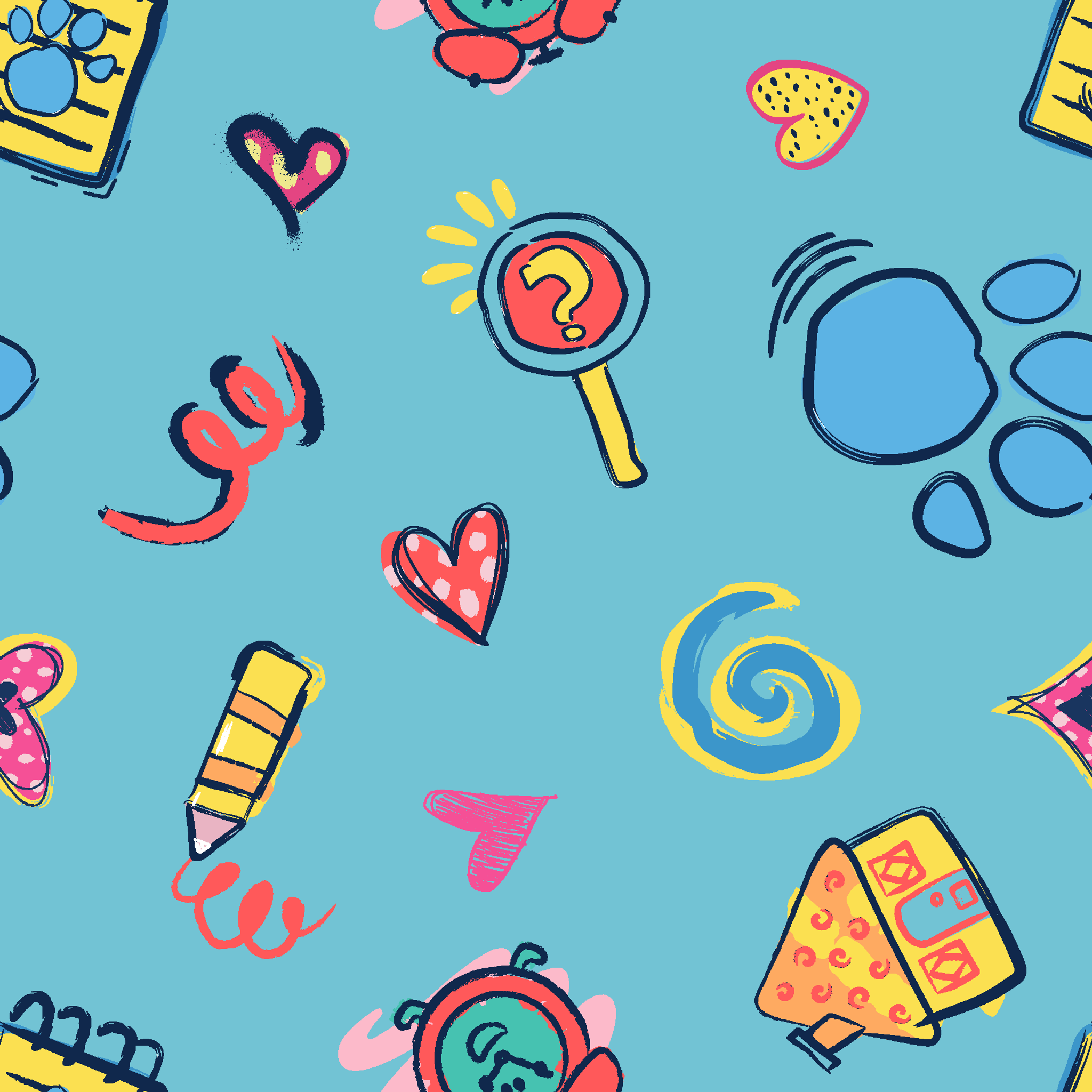Blue’s Clues doodle-style pattern featuring paw prints, a crayon, spiral notebook, hearts, and magnifying glass on a light blue background. tiled preview square