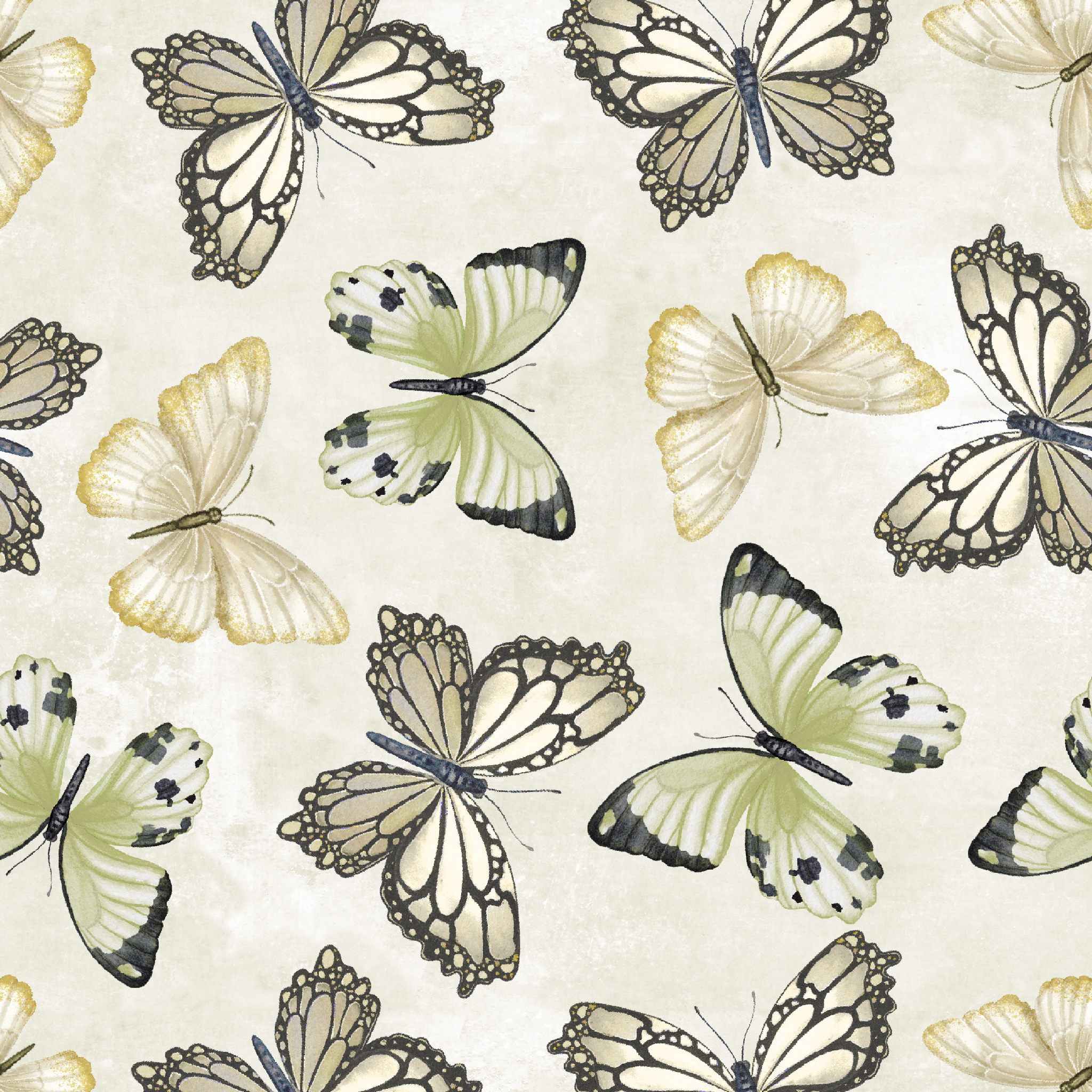 Illustrated butterfly pattern by Nicole Tamarin with soft sage green and neutral tones on a textured cream background. tiled preview square