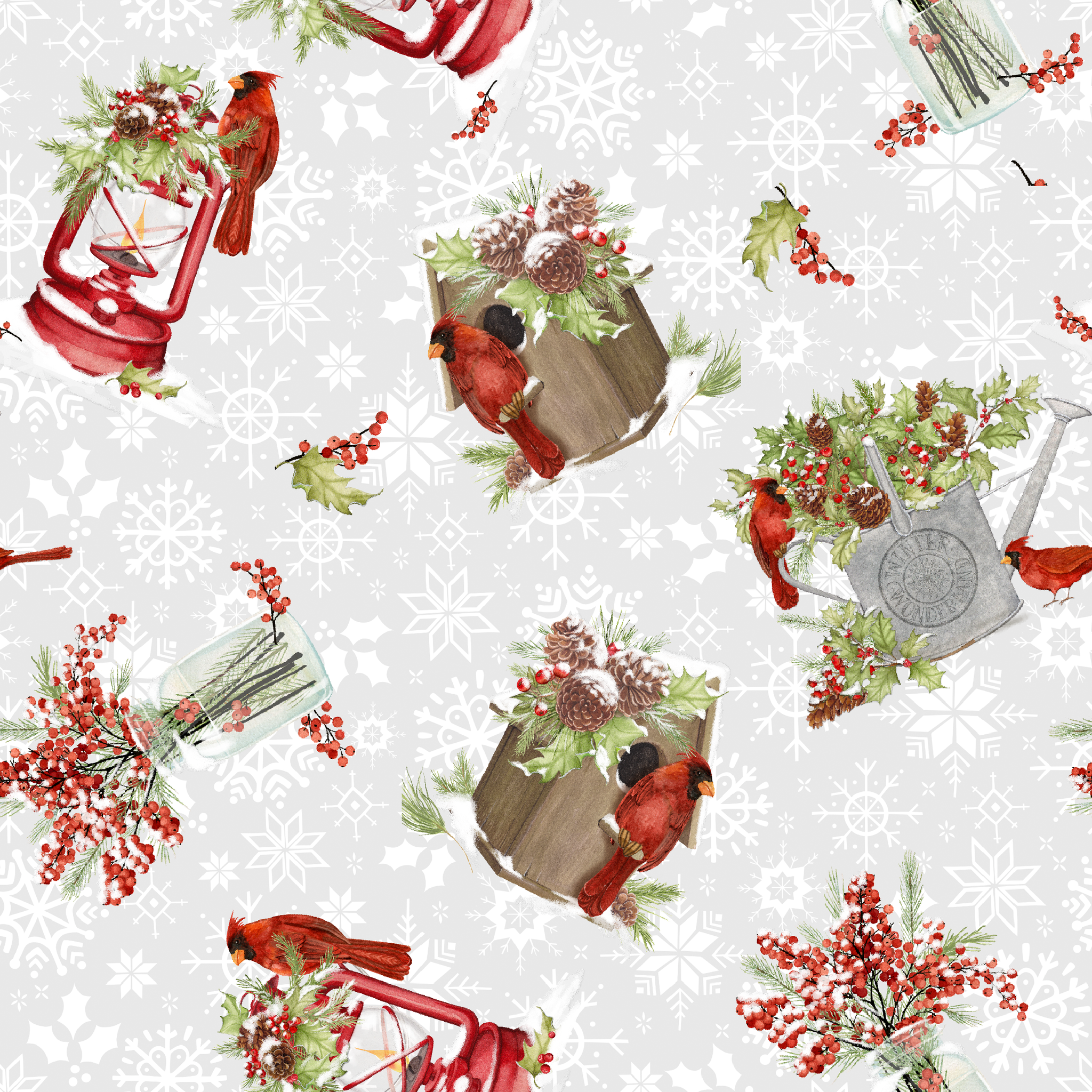Red cardinals perched among holly berries, pine sprigs, lanterns, and rustic containers on a soft snowy background with snowflake details by Nicole Tamarin tiled preview square