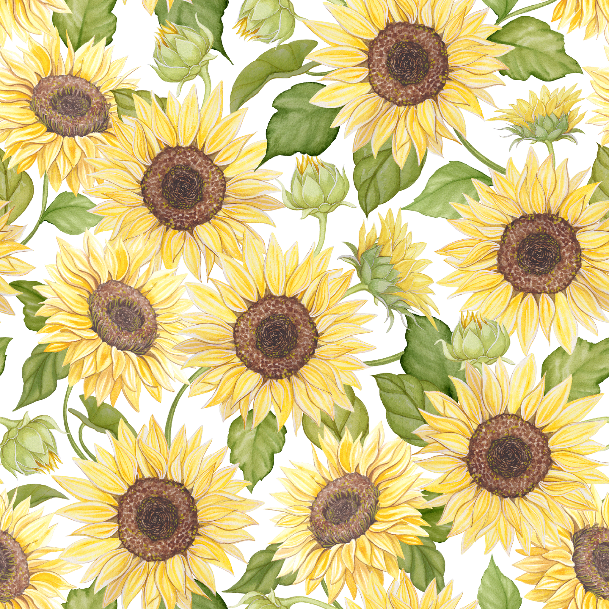 Watercolor-style packed sunflower pattern with yellow blooms and green leaves on a white background, designed by Nicole Tamarin. tiled preview square