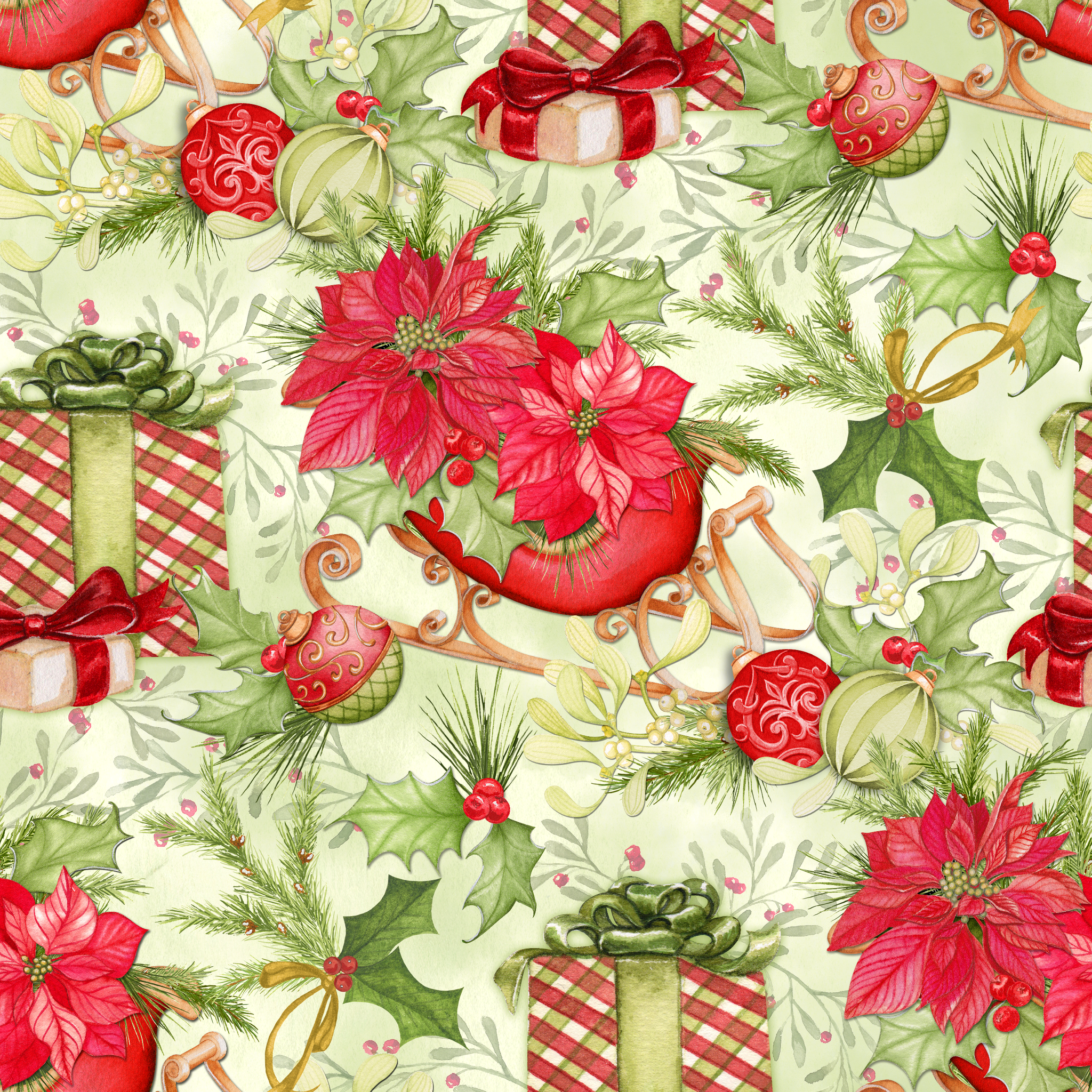Christmas pattern with red poinsettias, vintage sleighs, wrapped gifts, holiday ornaments, and greenery in a festive toss by Nicole Tamarin. tiled preview square