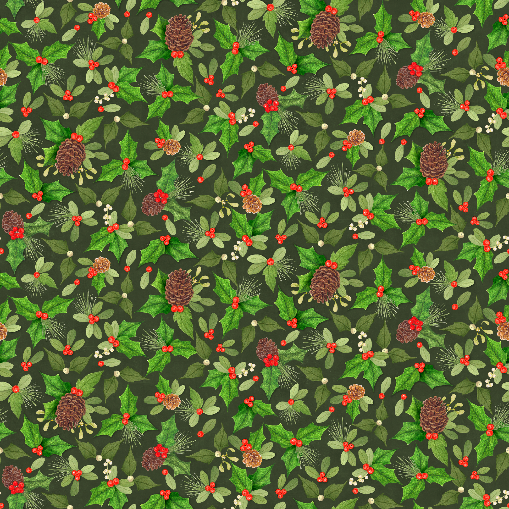 Seamless holiday pattern by Nicole Tamarin featuring pinecones, holly, red berries, and green foliage on a dark green background. tiled preview square
