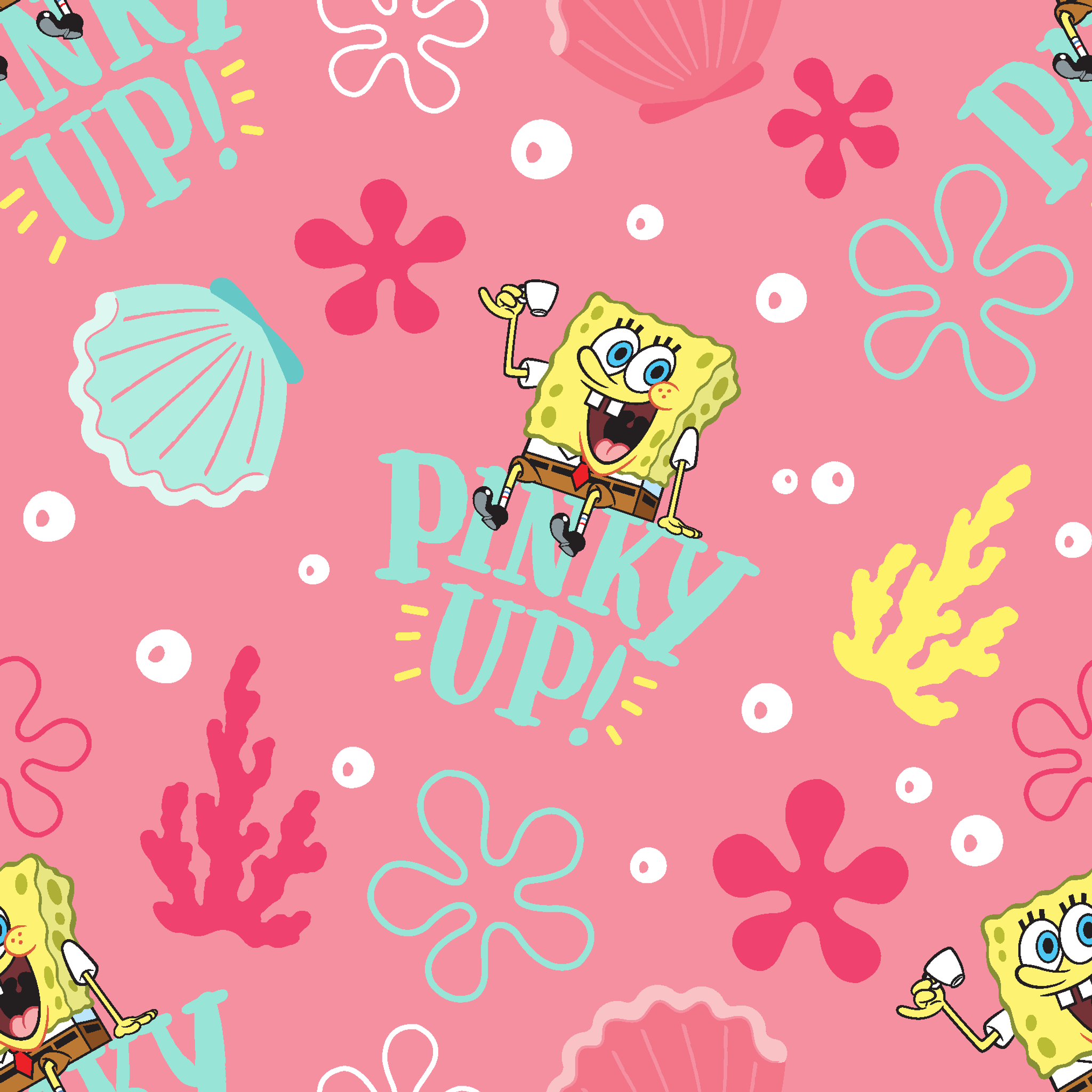 SpongeBob holding a teacup with “Pinky Up!” text, surrounded by sea shells, coral, and flower shapes on a pink background. tiled preview square