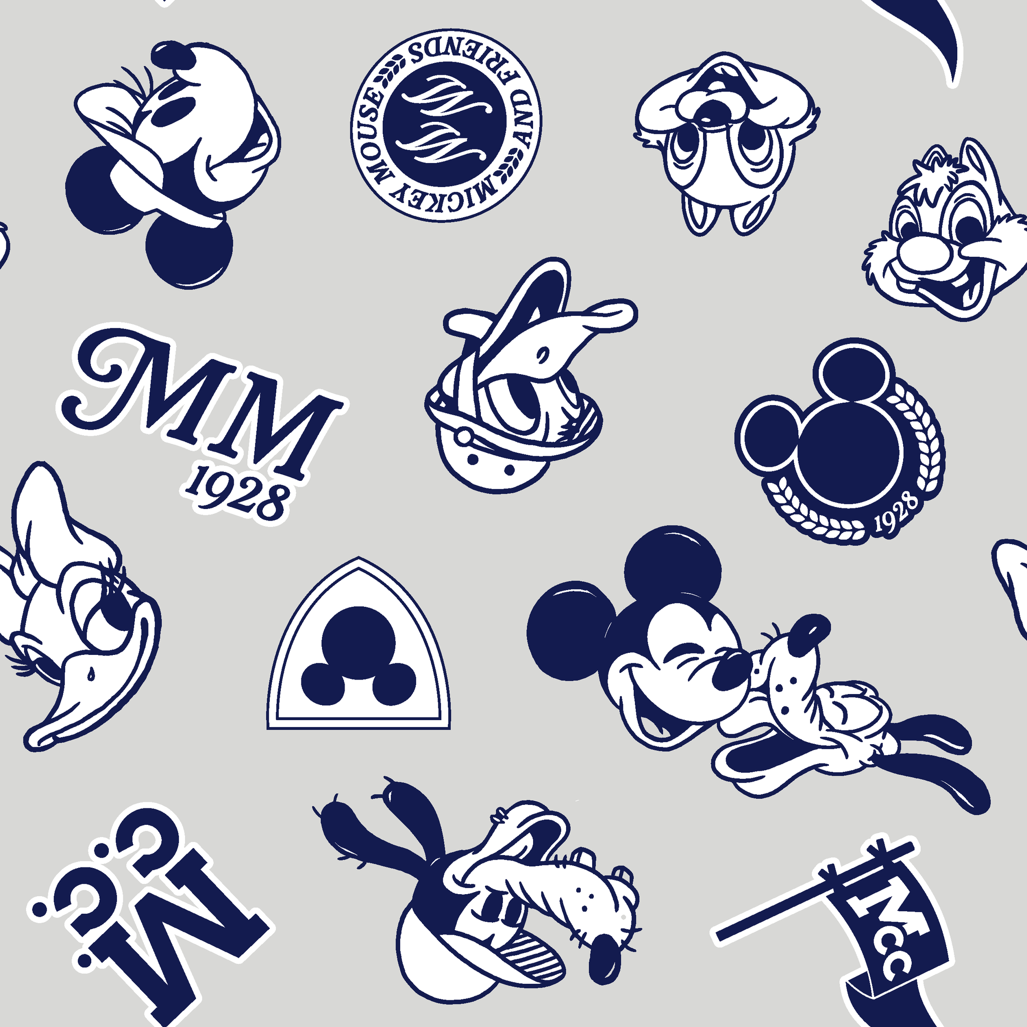 Disney character pattern with Mickey Mouse, Donald Duck and other classic cartoon figures in navy blue on light background. tiled preview square