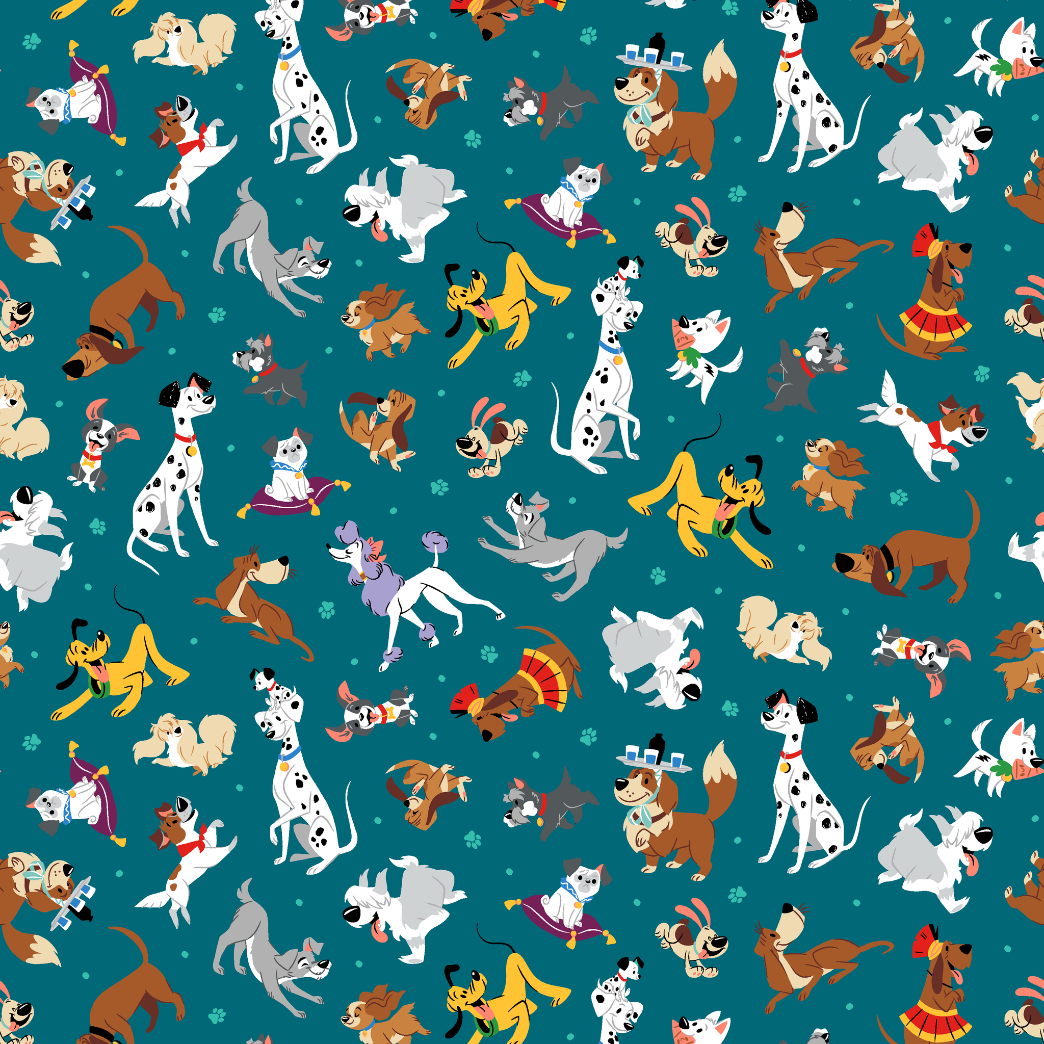 Teal pattern featuring Disney cartoon dogs like Dalmatians, Pluto, Lady and the Tramp, Copper, and other animated pups. tiled preview square