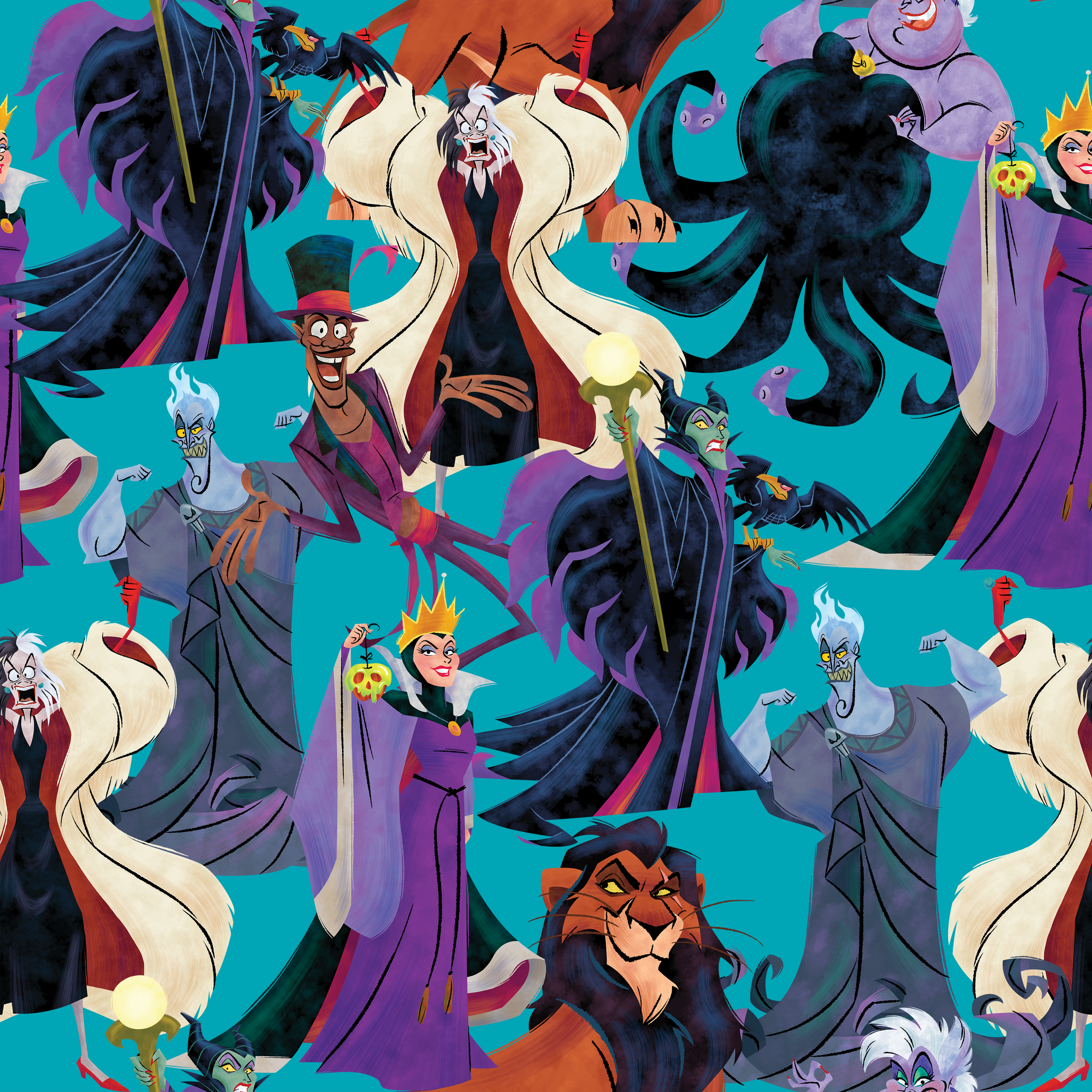 Disney Villains like Ursula, Maleficent, and Hades on a turquoise background in a colorful character pattern. tiled preview square