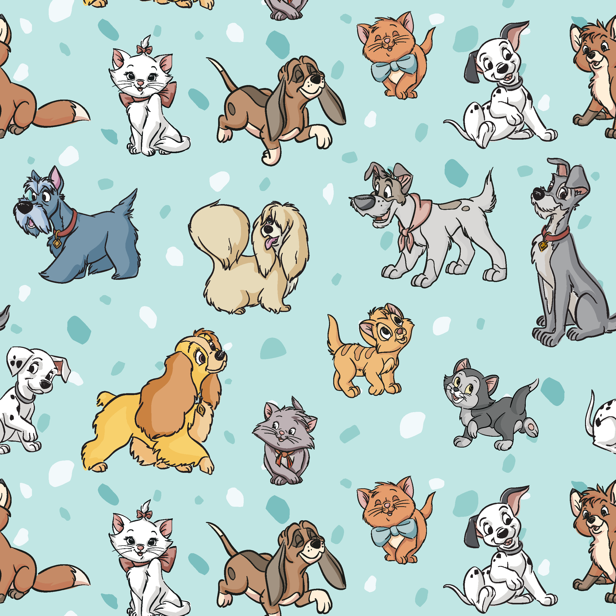 Cartoon-style Disney dogs and cats on a light blue background with scattered spots. tiled preview square