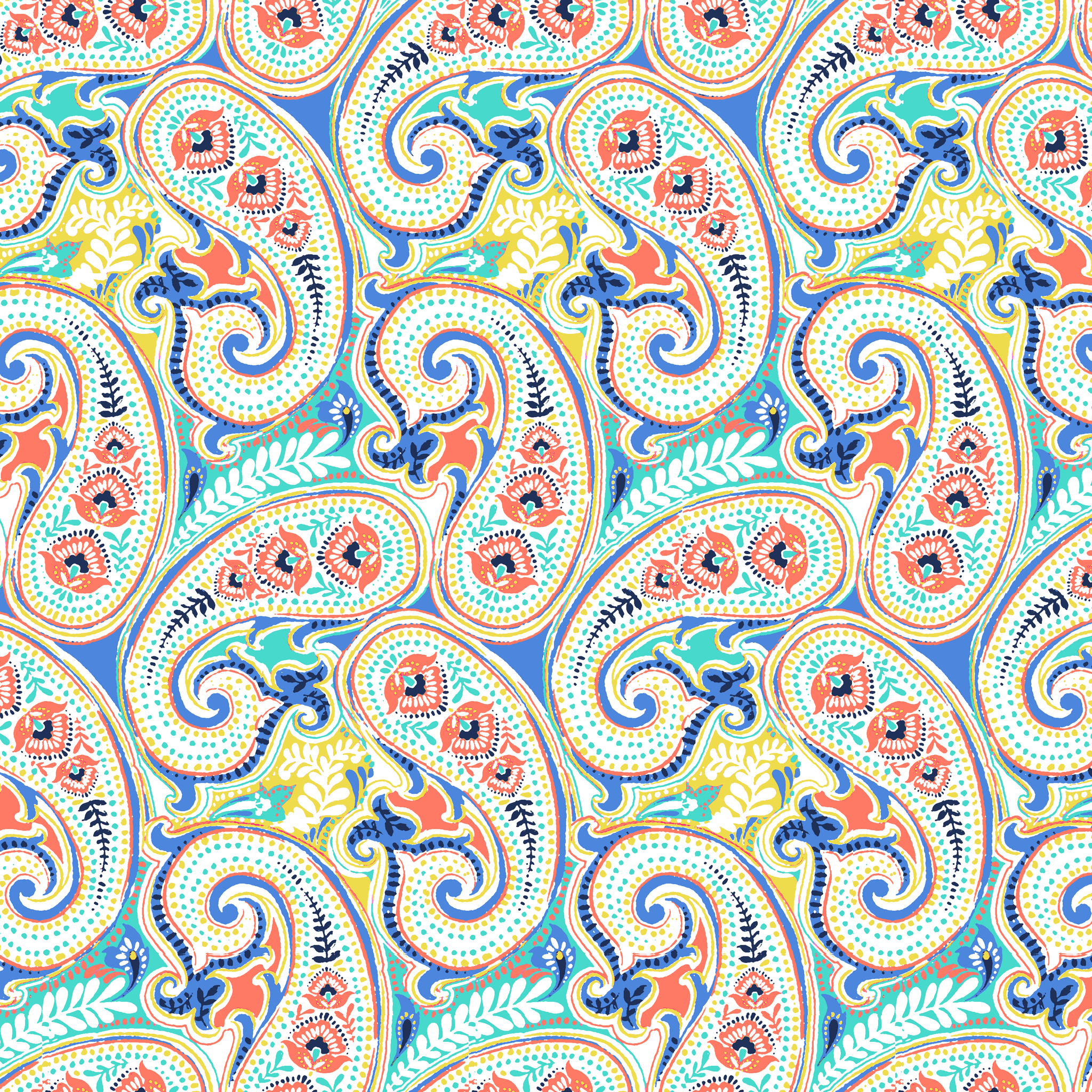 Vibrant blue, yellow and red paisley pattern with swirling decorative motifs and curved shapes tiled preview square