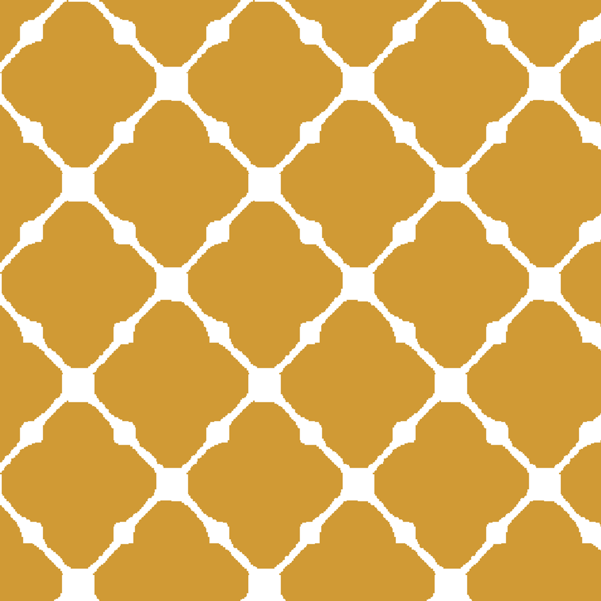 Gold quatrefoil pattern on white background, forming a geometric Moroccan-style lattice design tiled preview square