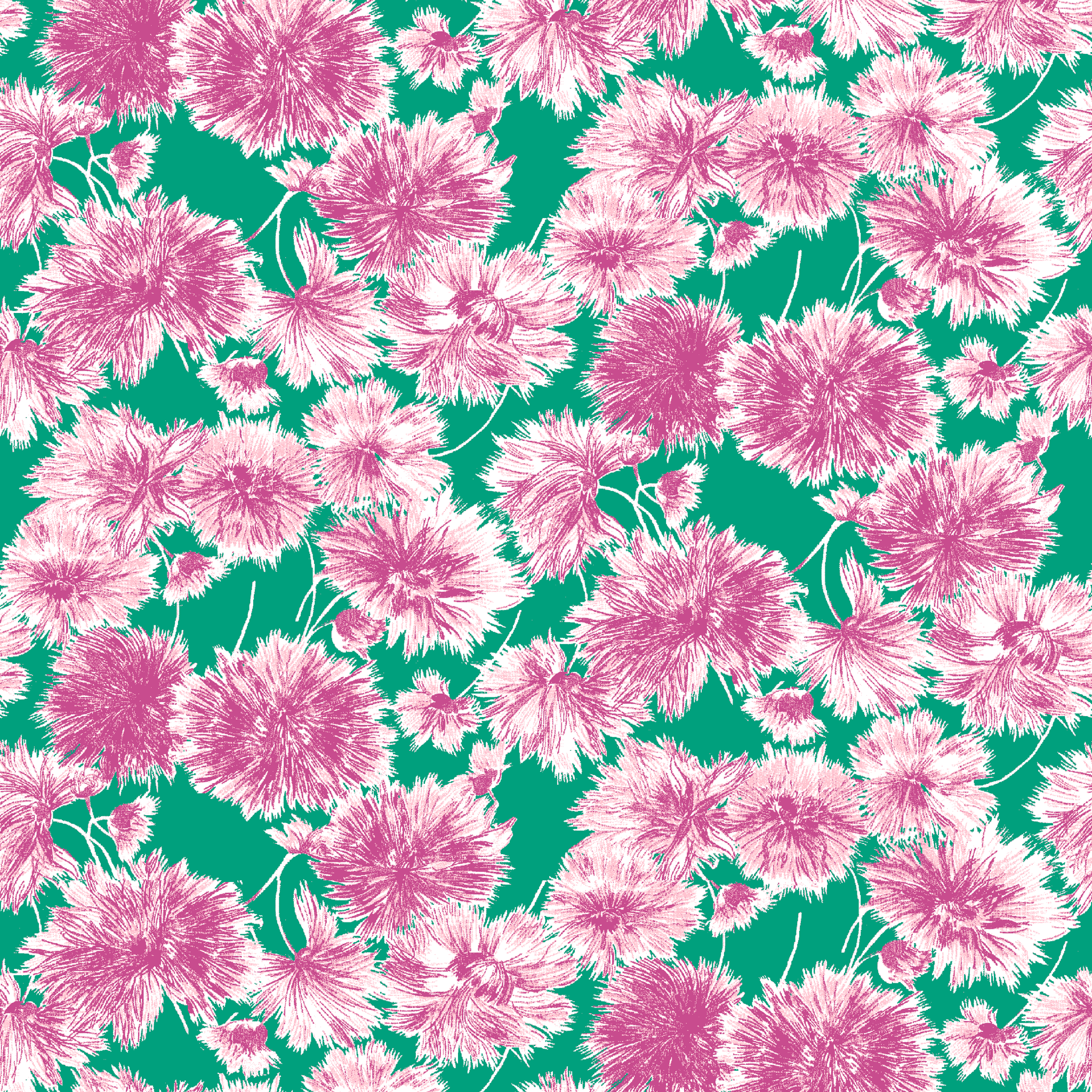 Pink and purple carnation flowers scattered on a green background in a repeating floral pattern tiled preview square