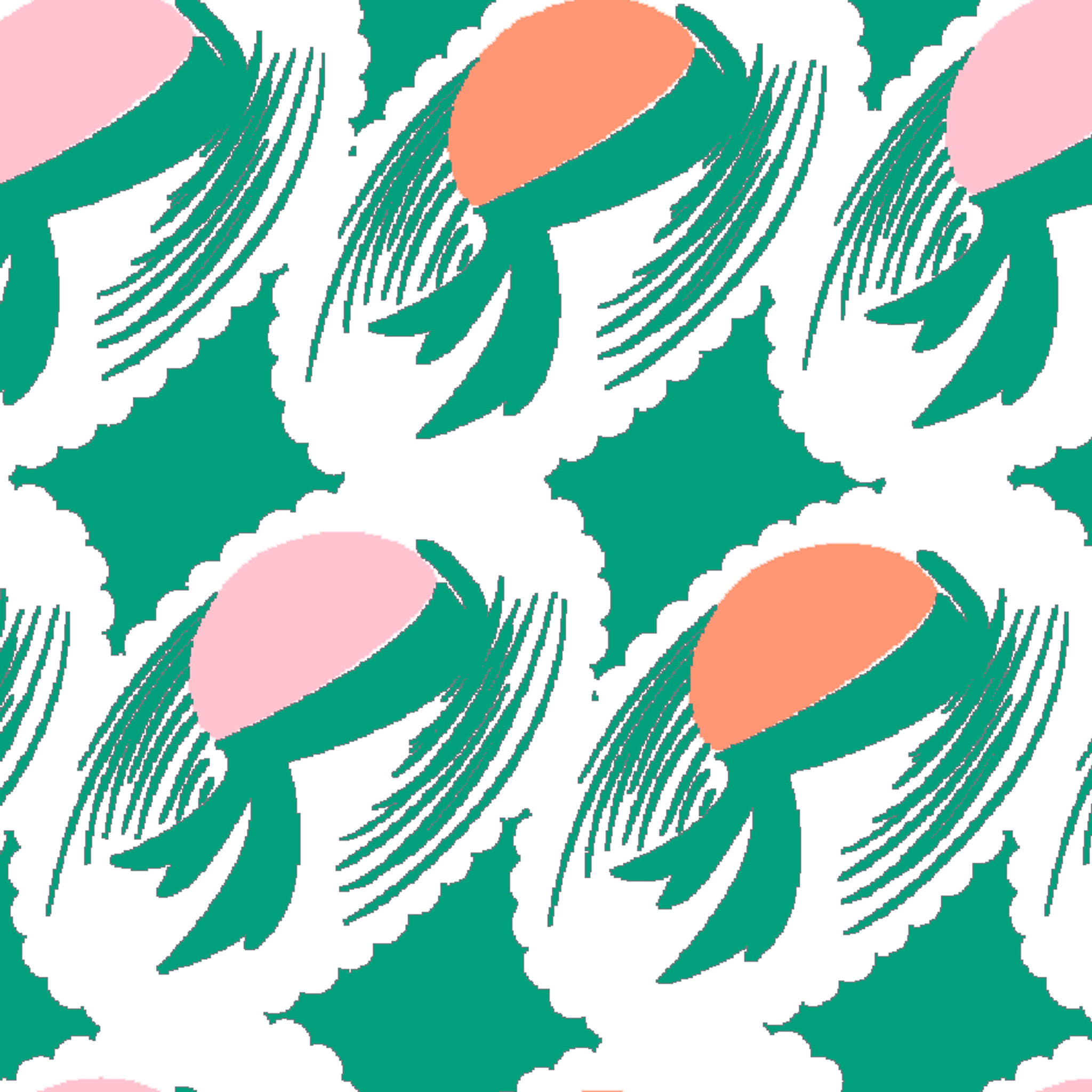Abstract pattern with pink and orange oval shapes on green brushstroke backgrounds tiled preview square