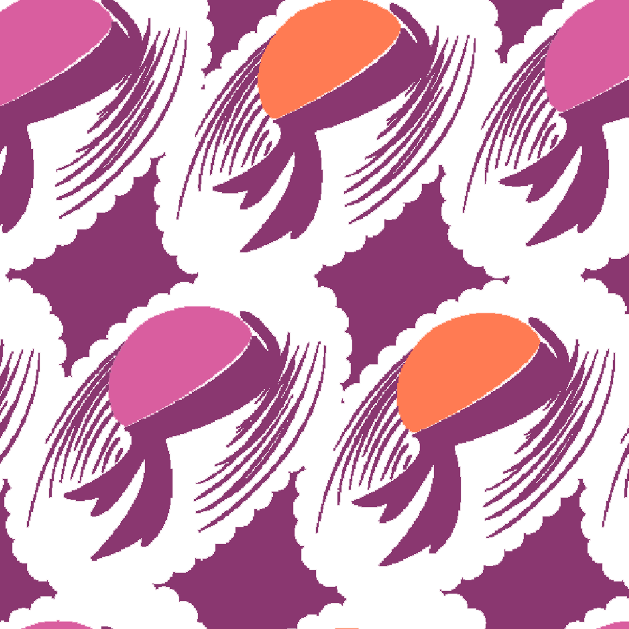Abstract pattern with purple and orange oval shapes with flowing brush strokes on white background tiled preview square