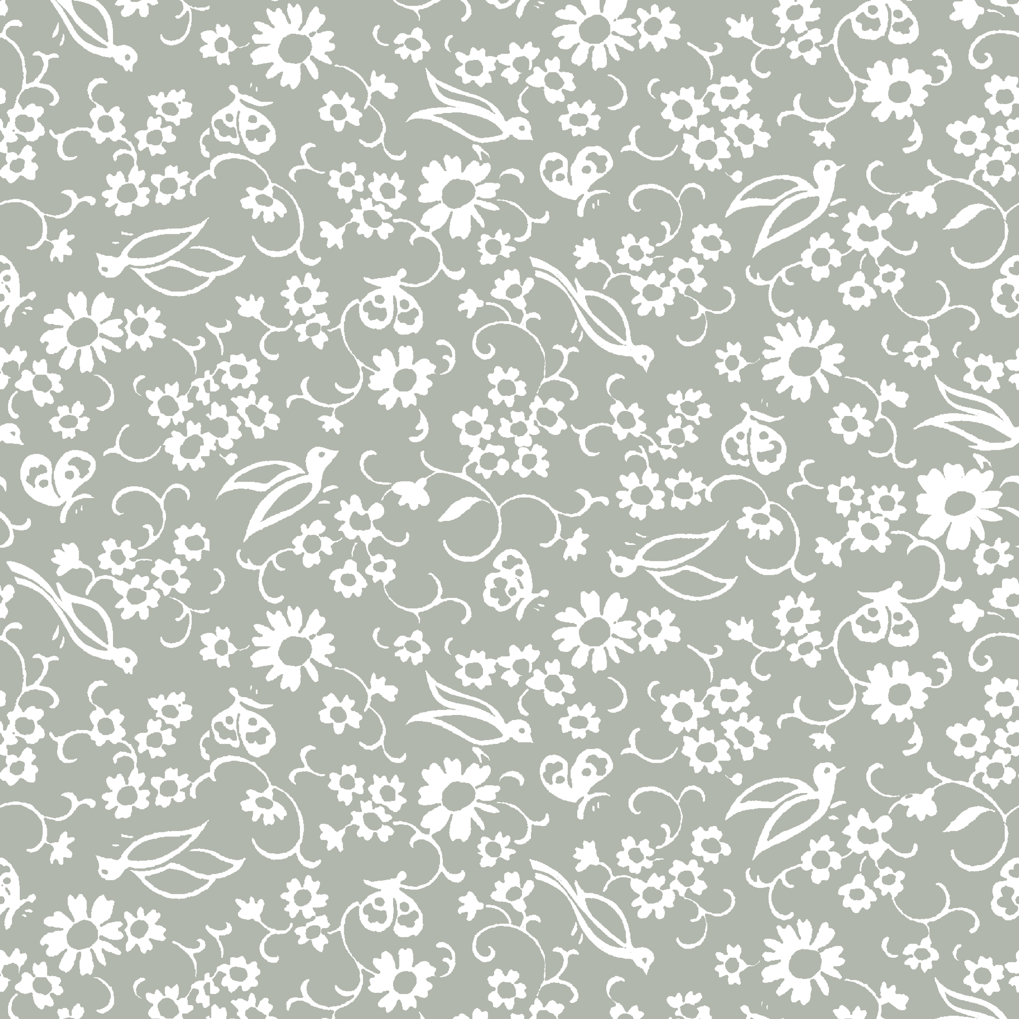 White vintage-style bird and floral silhouettes on a soft gray background. tiled preview square