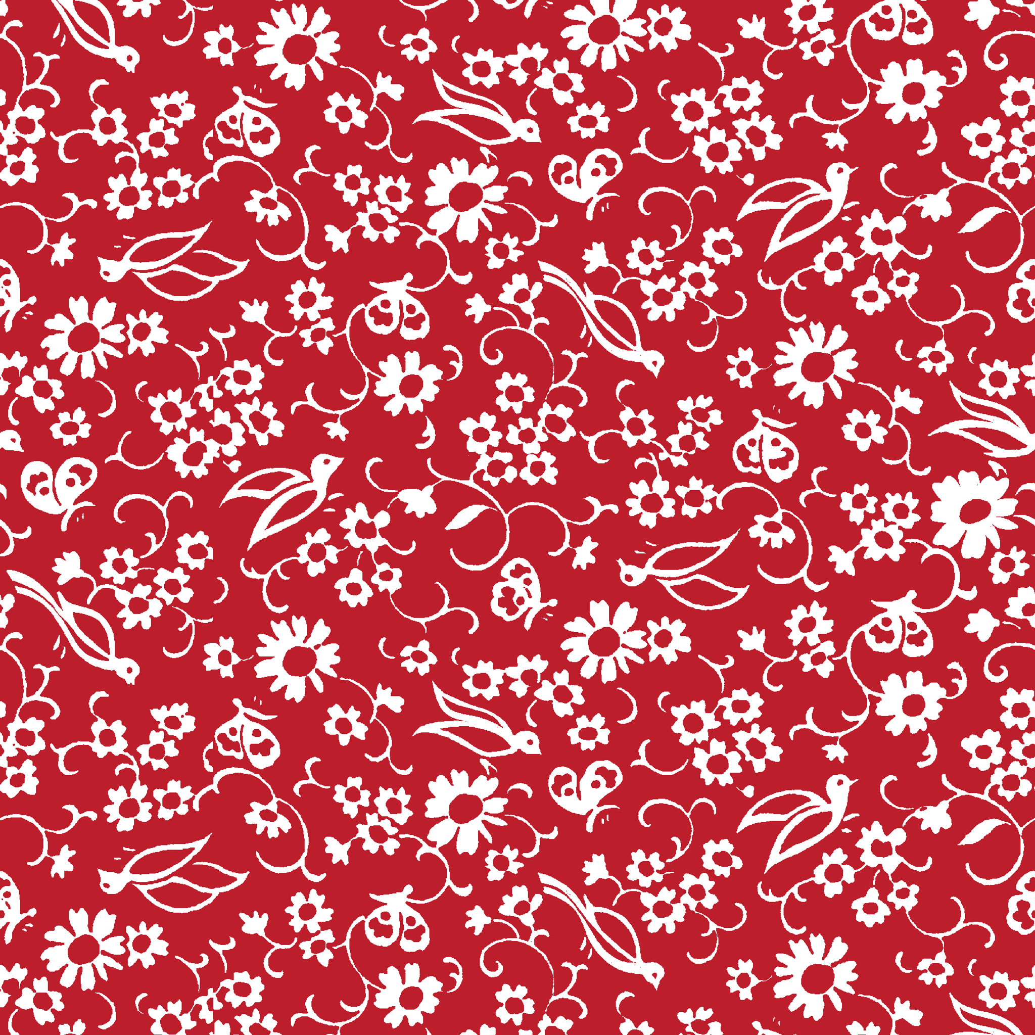 White floral and bird silhouette pattern on a bright red background. tiled preview square