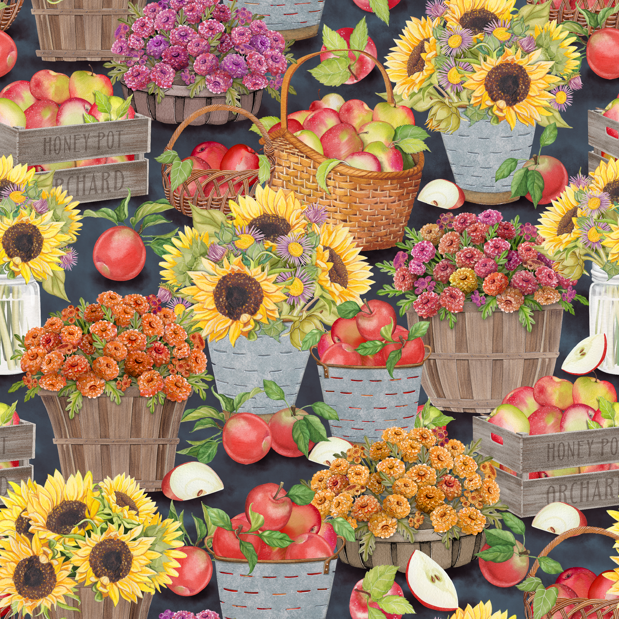 Colorful pattern of sunflowers, apples, and assorted flowers in rustic baskets and buckets tiled preview square