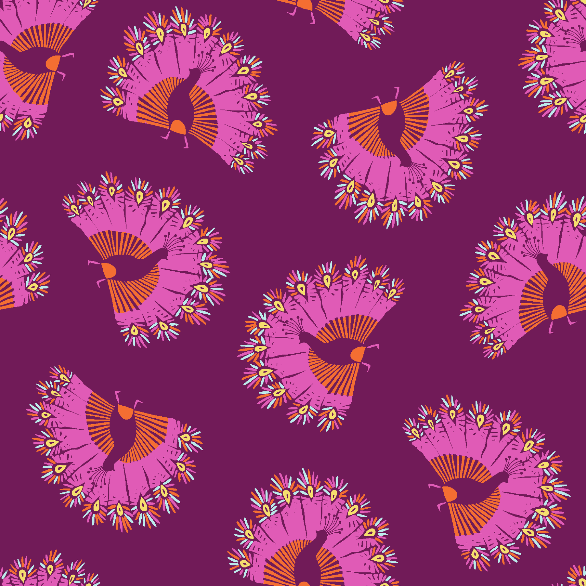Decorative pattern with peacocks arranged in circular formations against a deep purple background tiled preview square