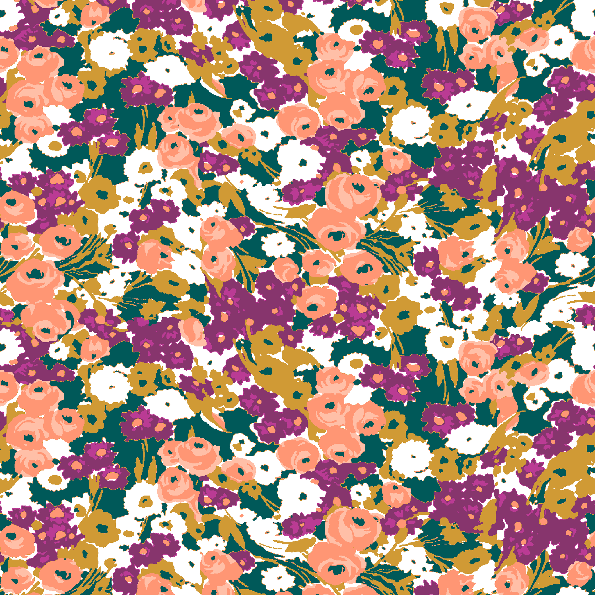 Vibrant floral pattern with peach, purple, white, and gold blooms against dark green foliage tiled preview square