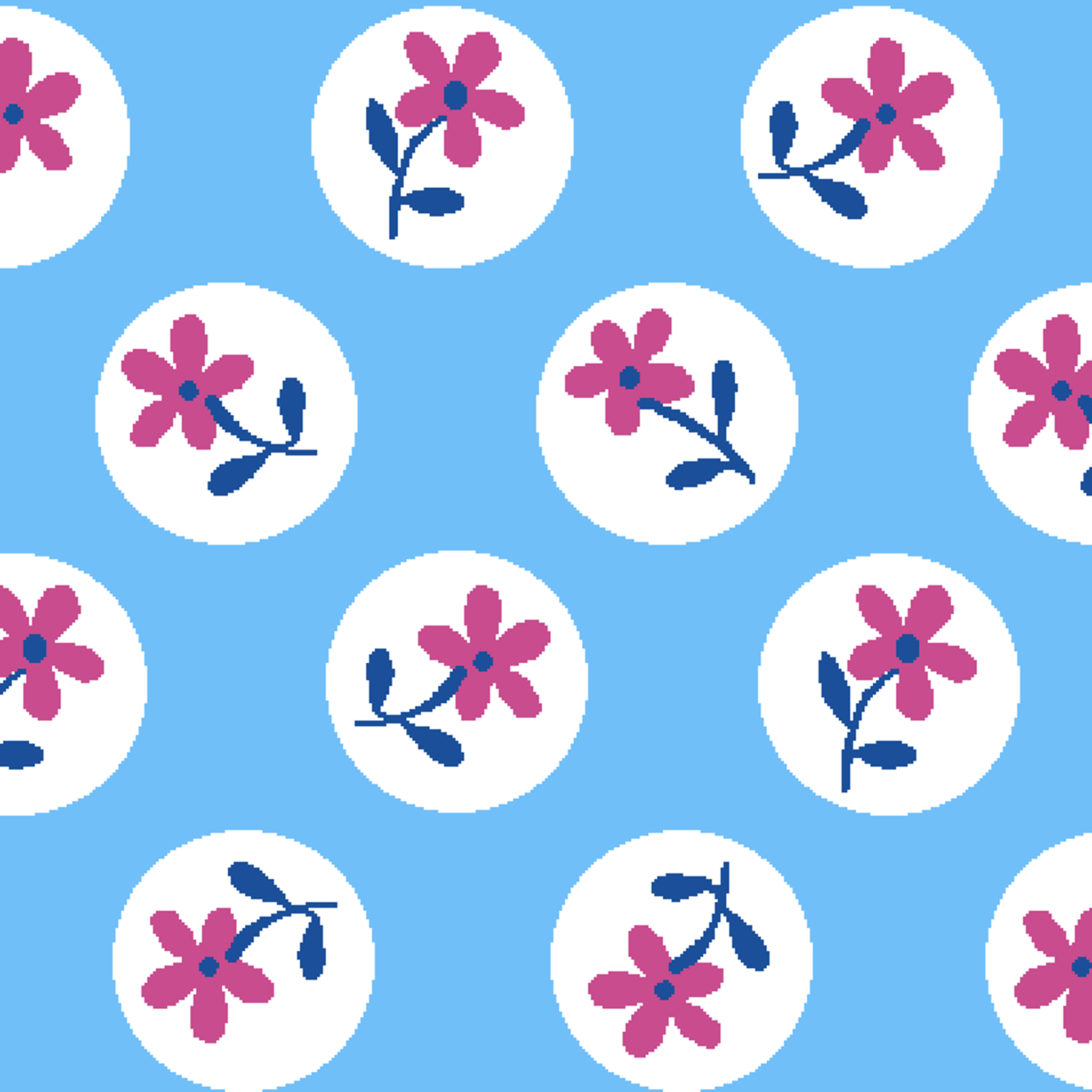 Purple flowers with blue stems inside white circles on light blue background pattern tiled preview square