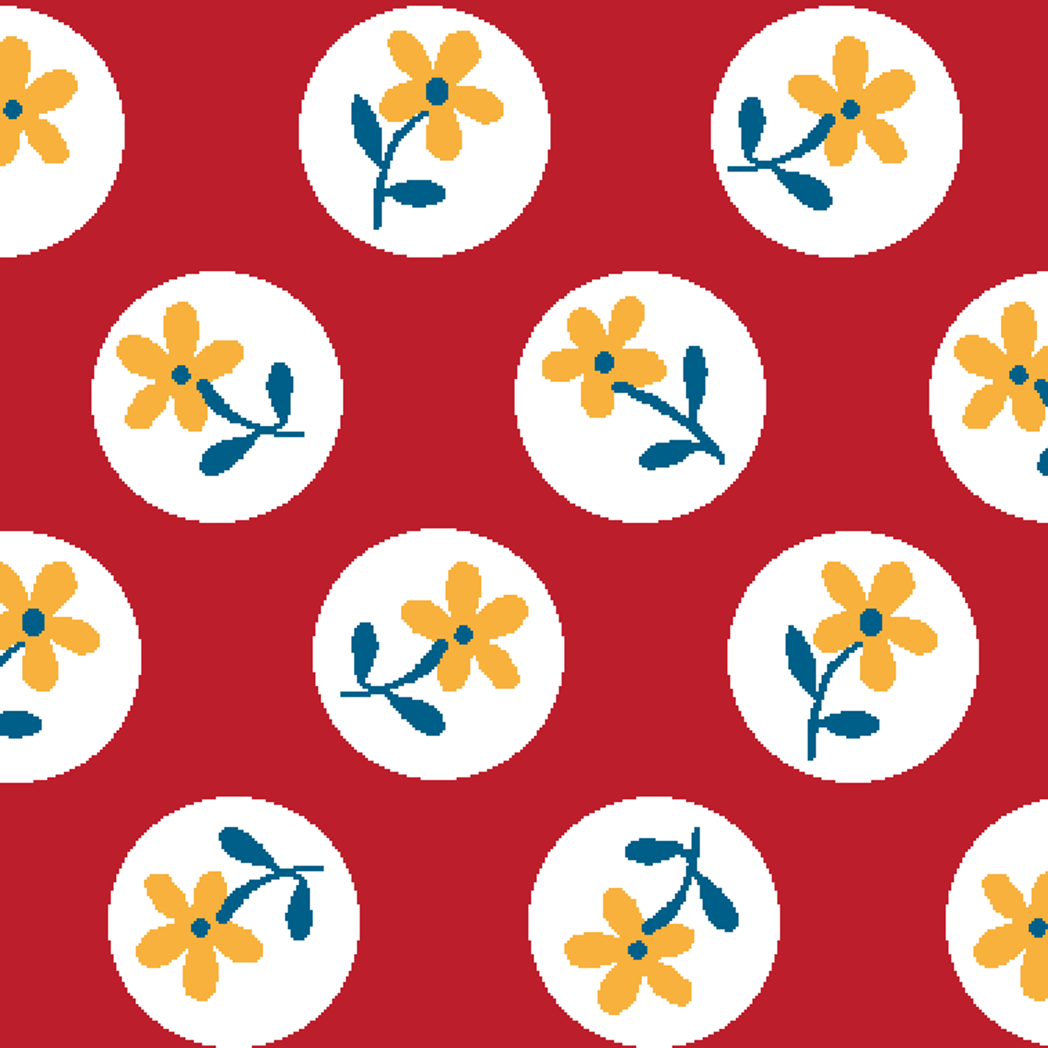 Yellow flowers with blue stems on white circles against red background in repeating pattern tiled preview square